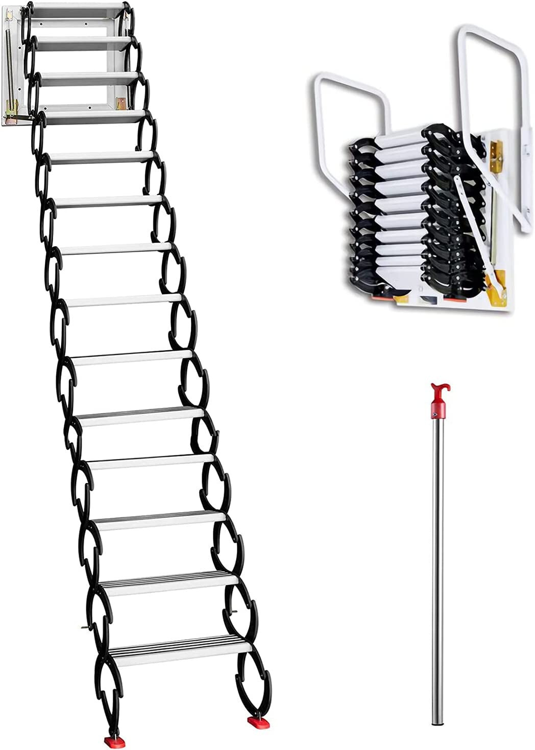 Black Loft Ladder Aluminum-Magnesium Alloy Attic 14 Steps Pull Down Attic Stairs