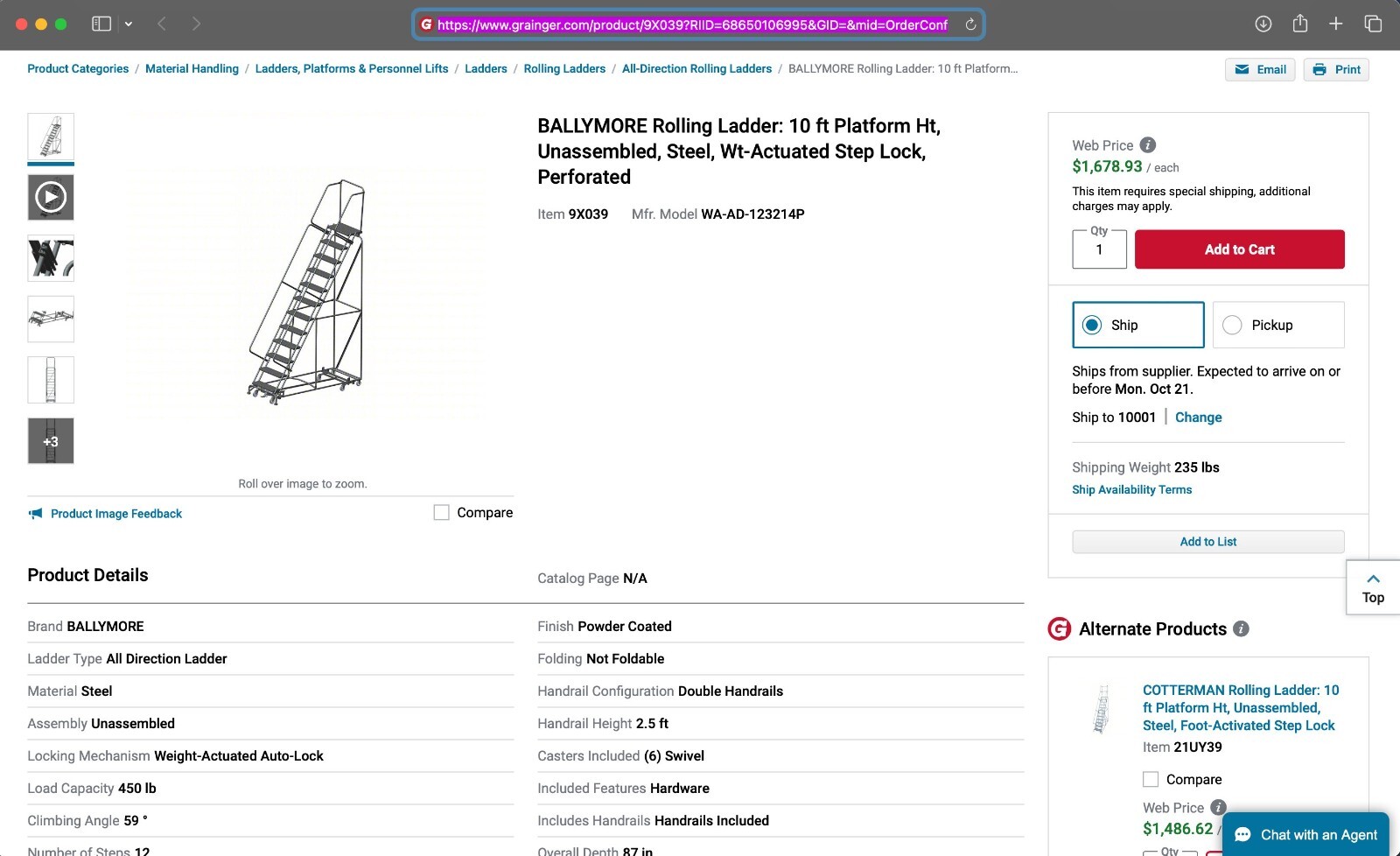 BALLYMORE Rolling Ladder 10ft Platform Ht, Steel, Wt-Actuated Step Lock