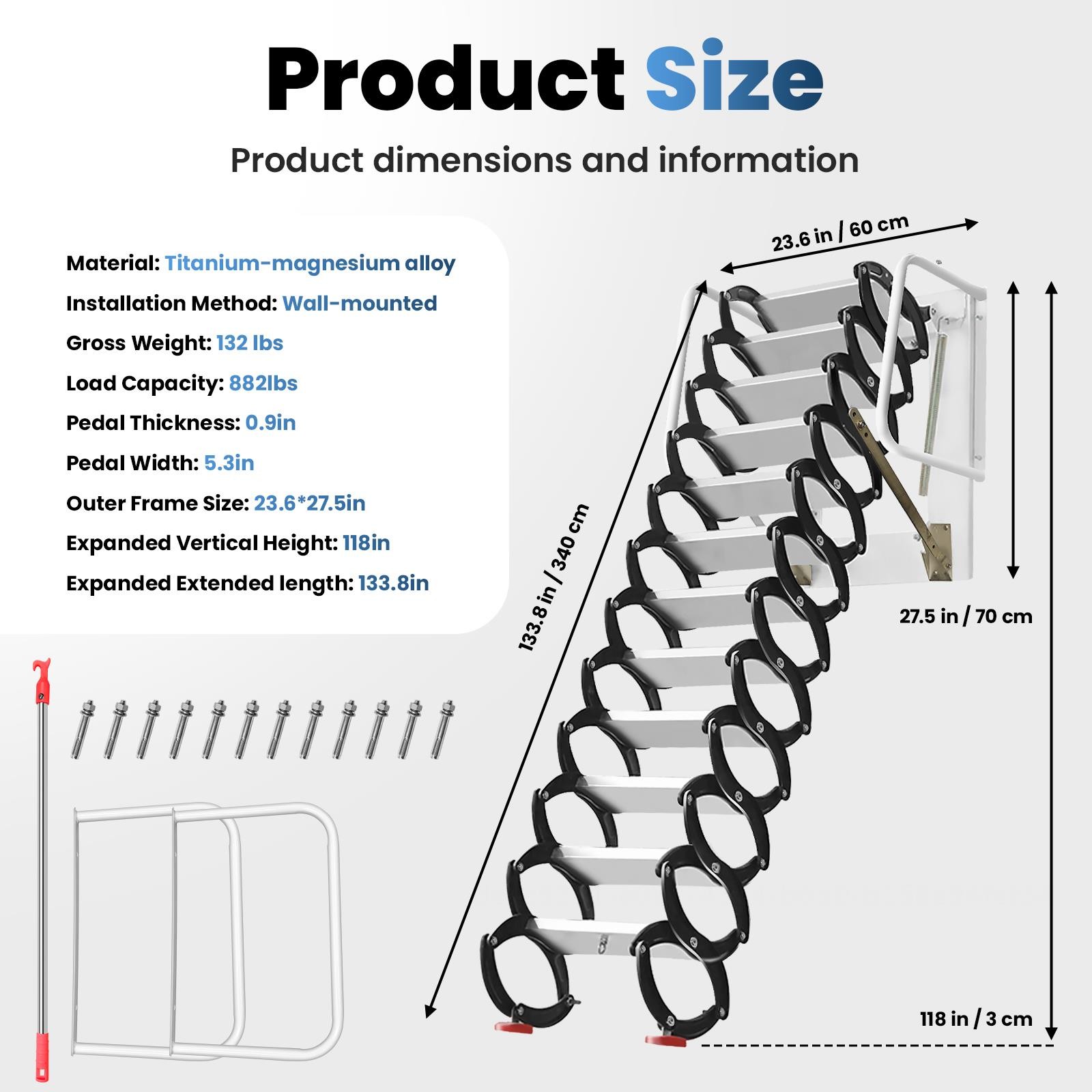 12 Steps Wall Mounted Folding Stairs w/Handrail,Pull Down Attic Ladder for Roofs