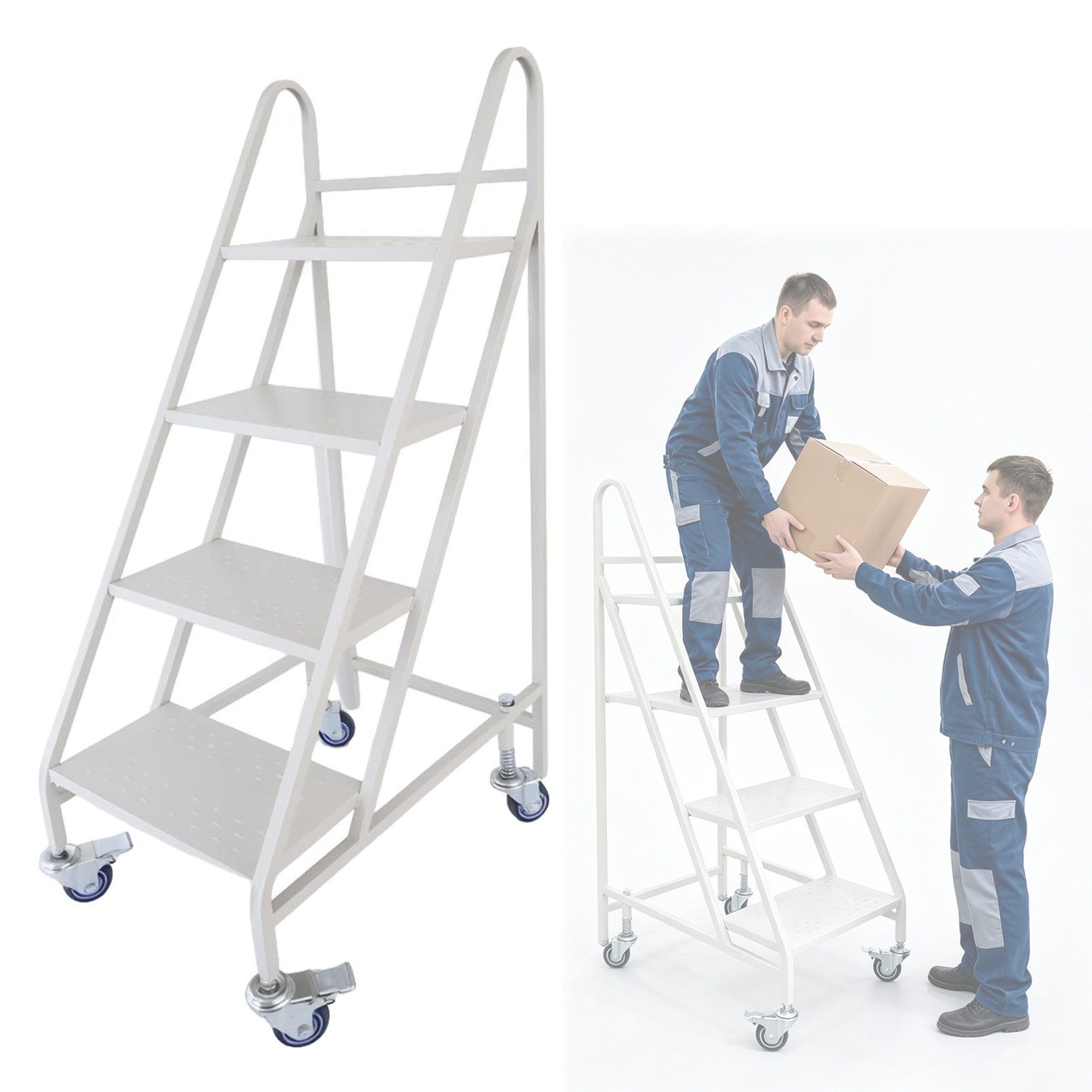 4 Step Rolling Ladder with 4 Lockable Wheels & Handrails for Warehouse Library