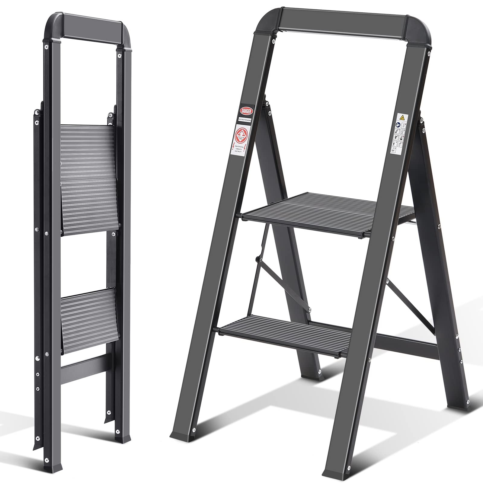 KINGRACK Step Ladder, 2 Steps, Folding 2-step with Handrail, Black