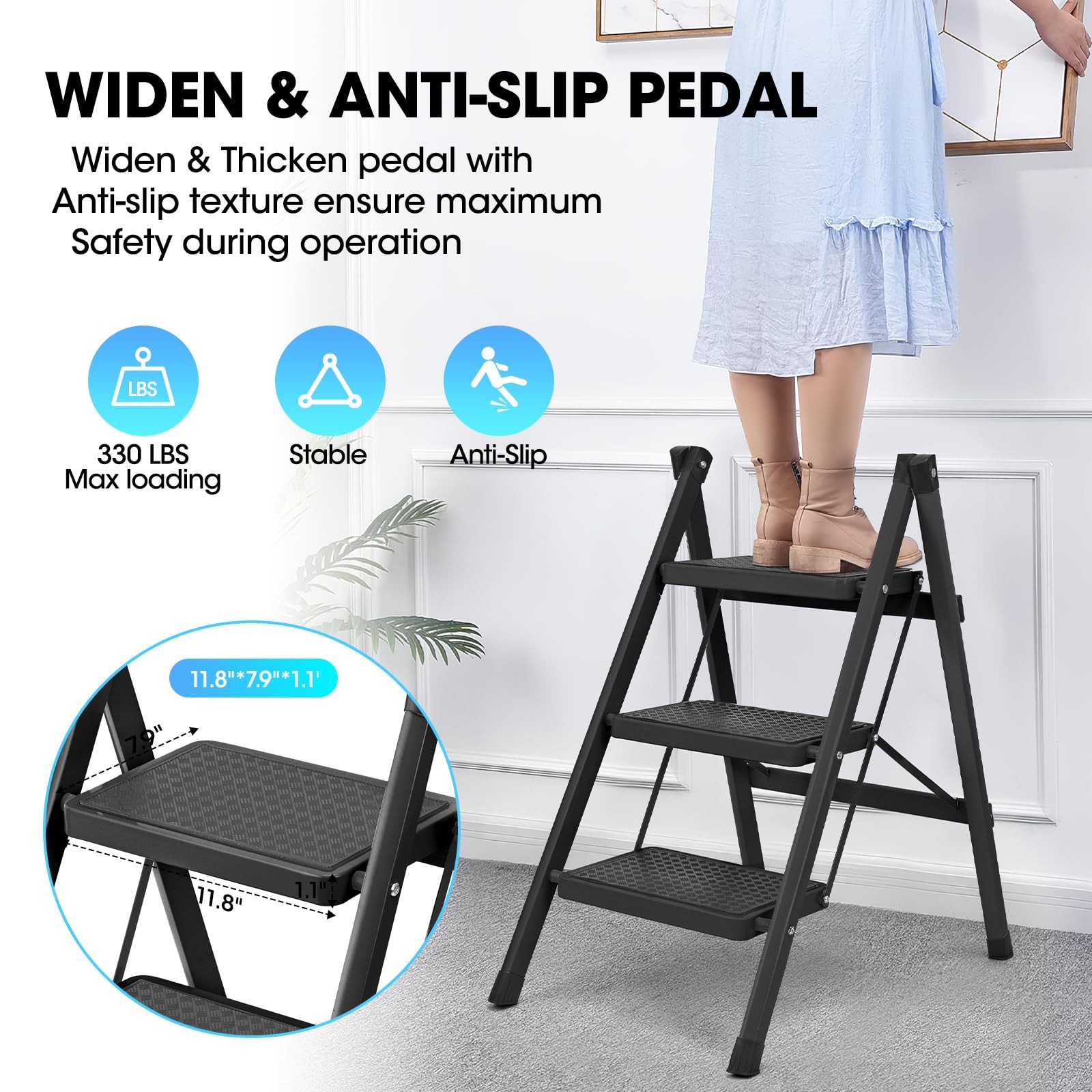 3 Step Ladder, Folding Stool for Adults, 3 – Black – Standard
