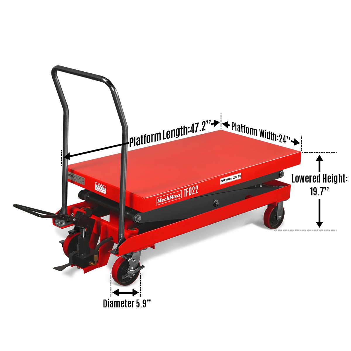 MechMaxx Mobile 2200 lbs Capacity Lift Table 86.6”x51.2” Platform, TFD22