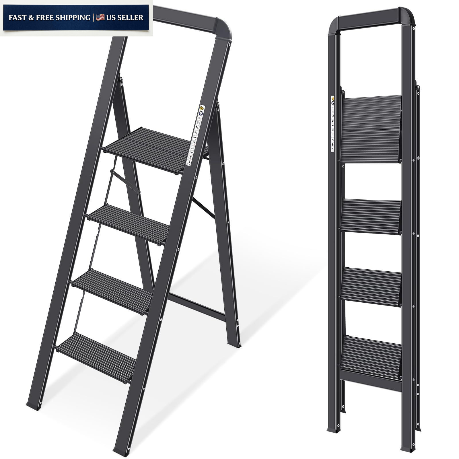 KINGRACK Aluminium 4 Step Ladder, Lightweight 4-step with Handrail, Black