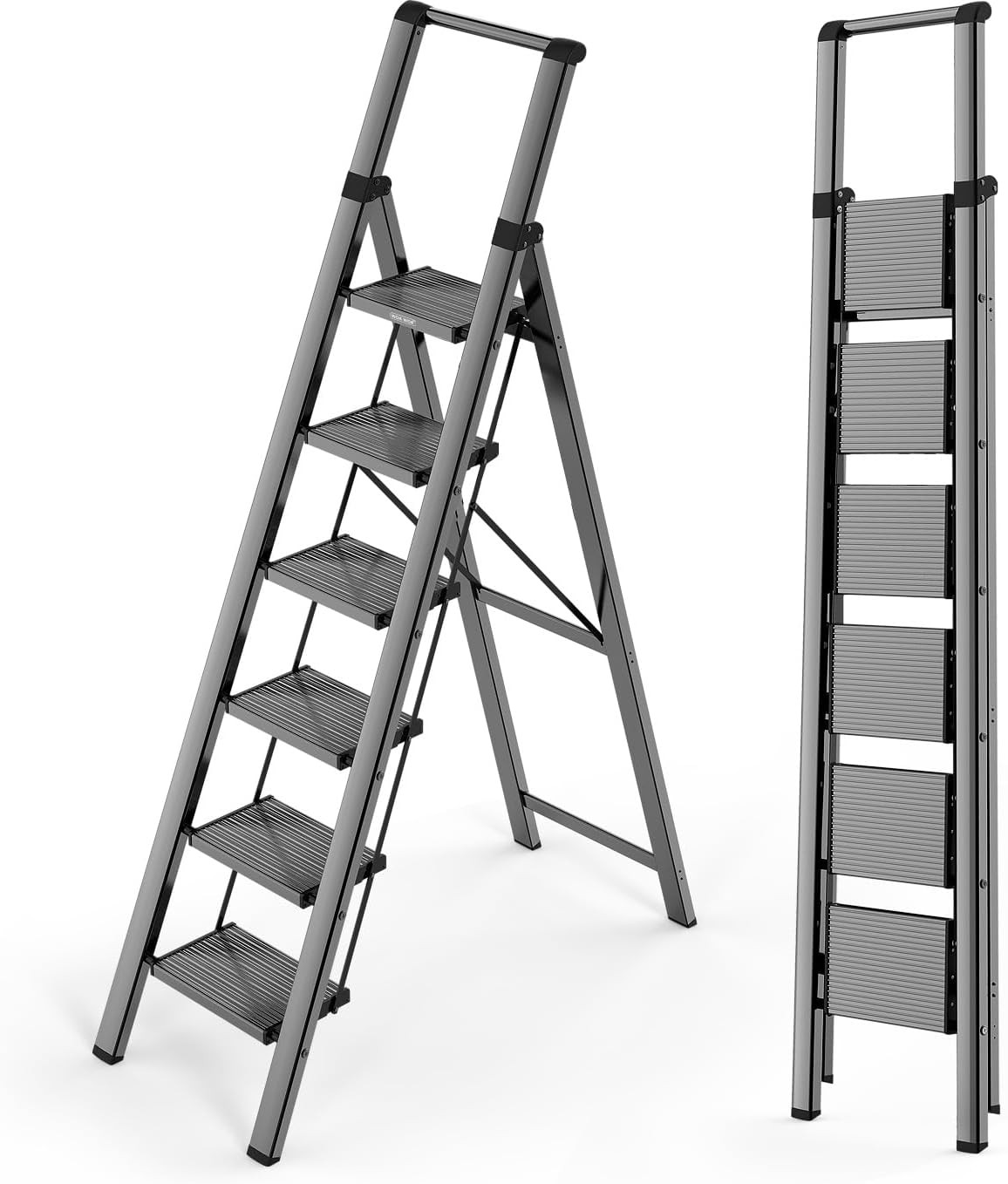 WOA 6 Step Ladder for 12 Feet High Ceiling, Lightweight 6 step, Black