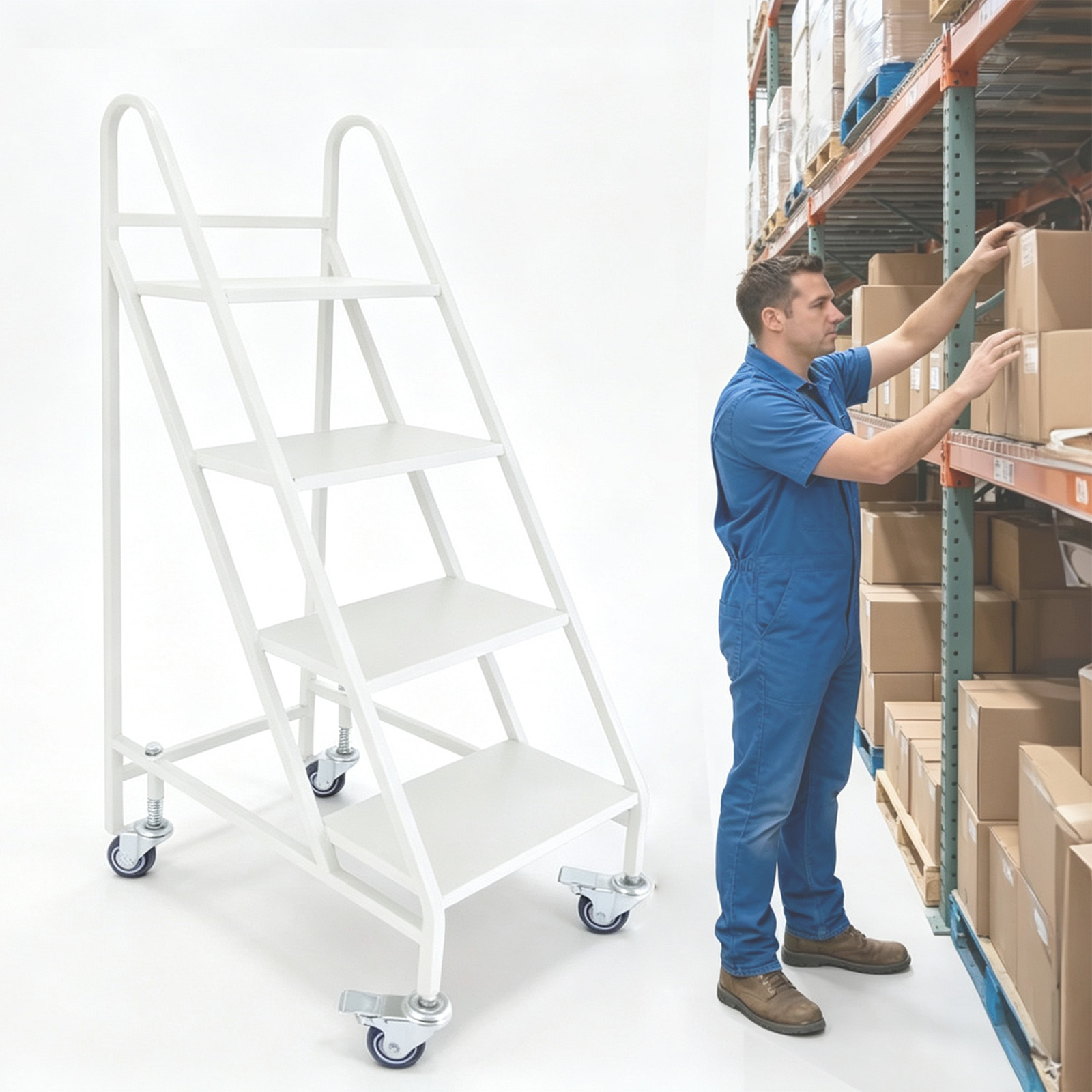 4 Step Non-Slip Rolling Ladder with 4 Wheels & Handrails 661LBS, 18″ W x 50″ H