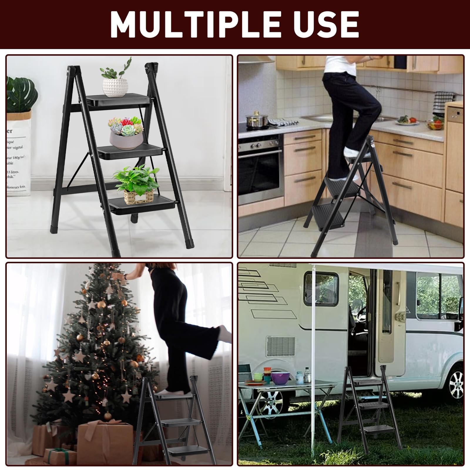 Uoisihur 3 Step Ladder, Portable Folding Stool for Home 3-Step, Black