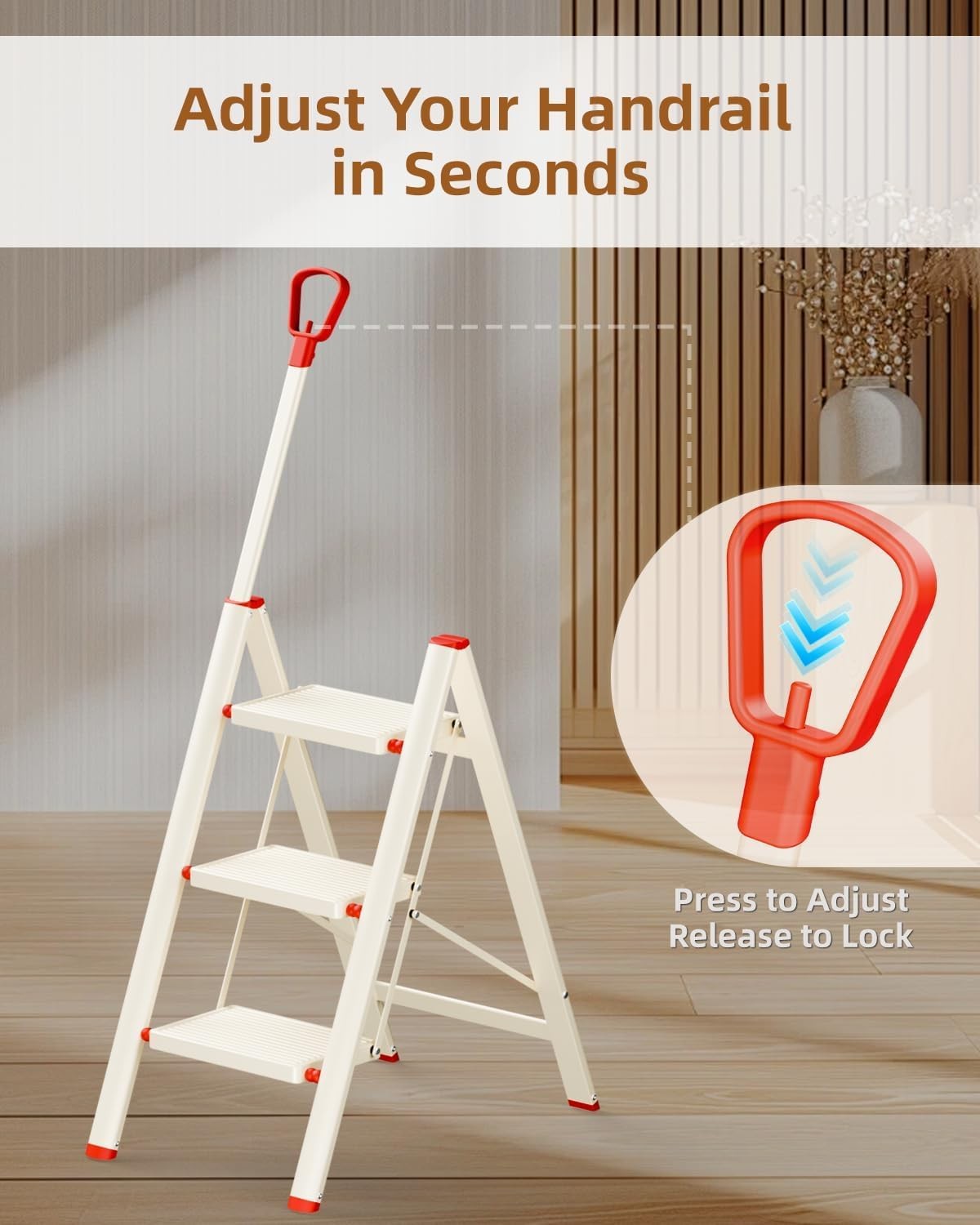 Beige 3 Step Ladder with Handrail Foldable Step Stool Anti-Slip