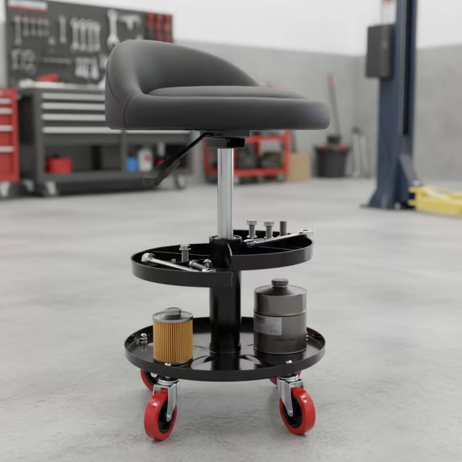 Garage Stool with Backrest Padded Rolling Shop Stool with Tool Tray Heavy-Duty
