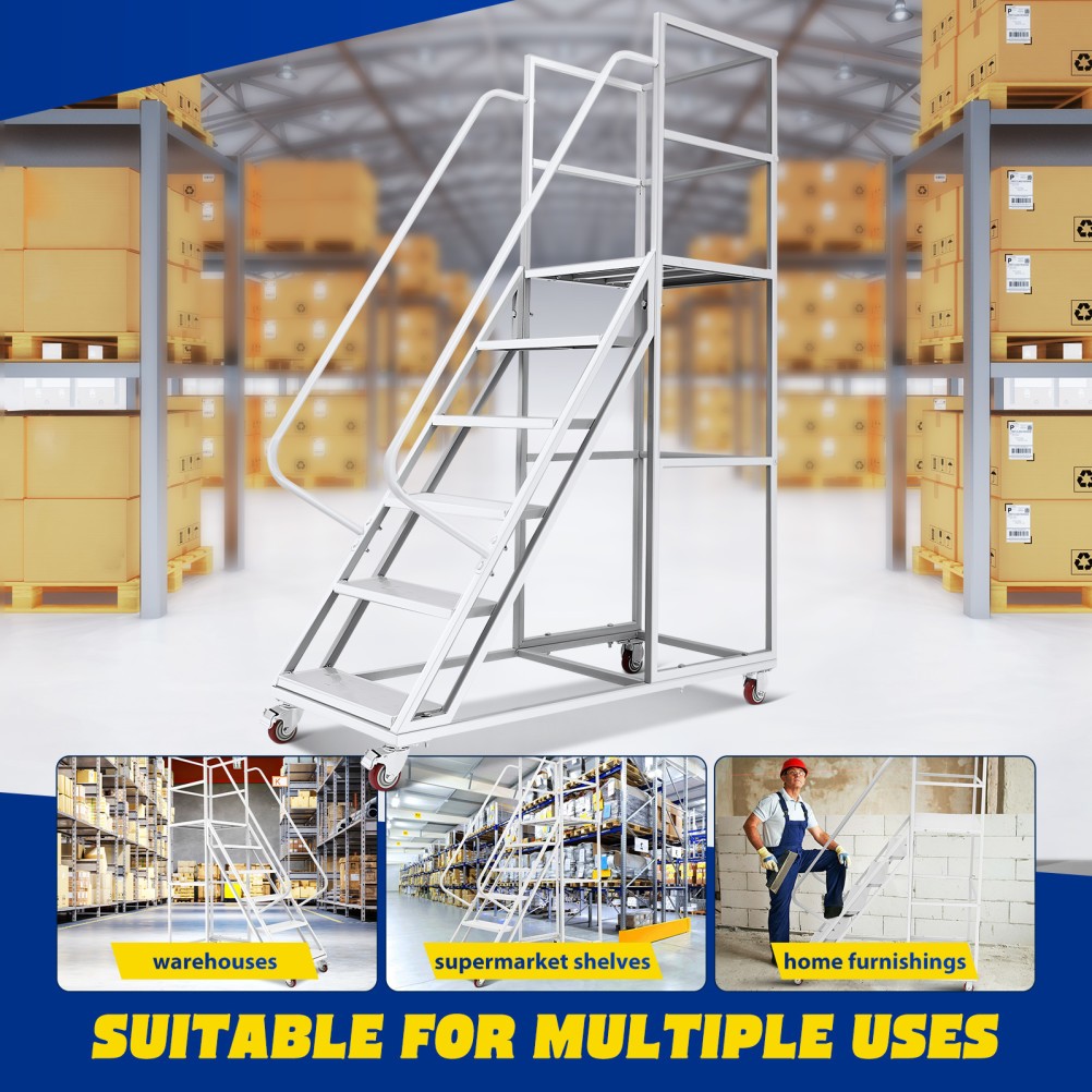 Rolling Warehouse Platform Ladder Safety Ladder 6 Step 1213LBS Airplane Handrail