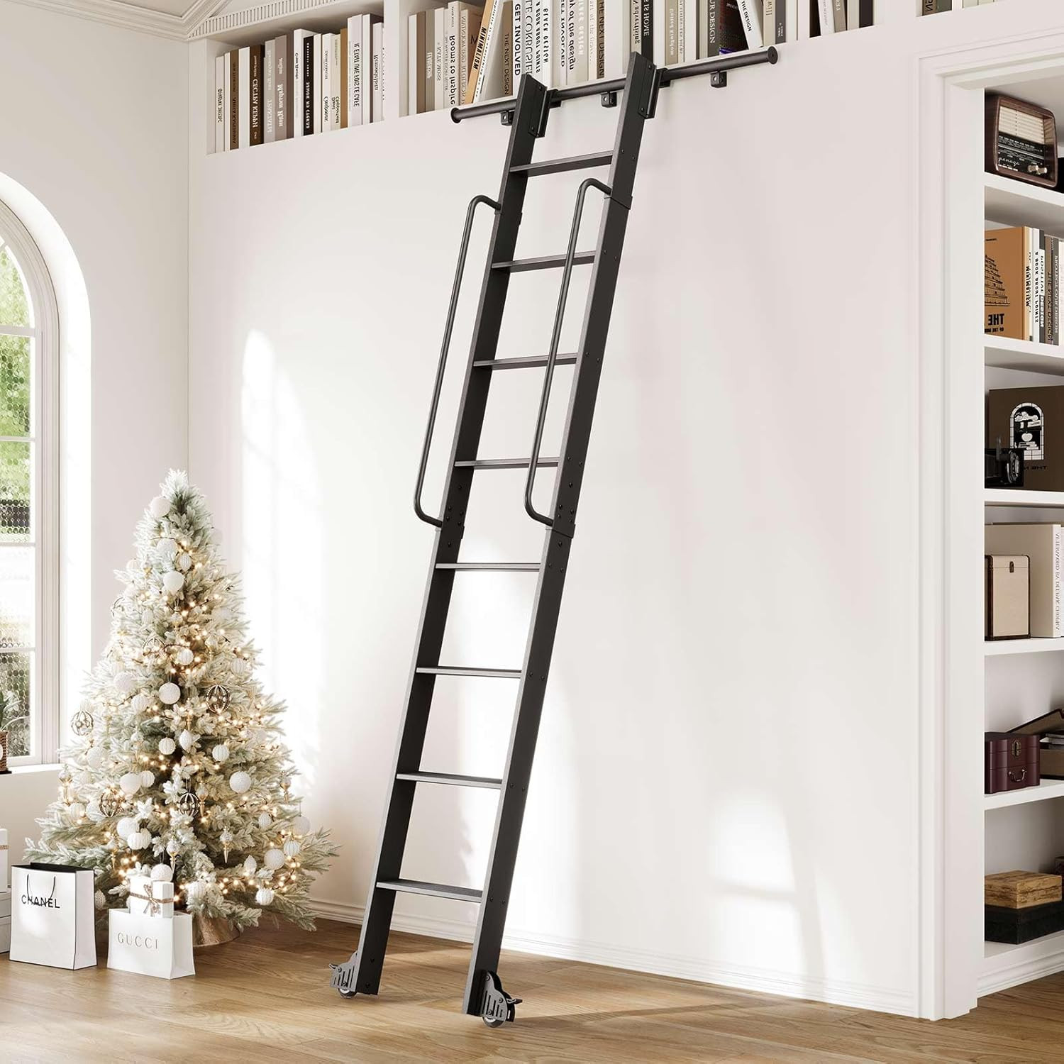 9FT Aluminum Rolling Library Ladder with 4FT Sliding Hardware Kit,Telescopic Hoo
