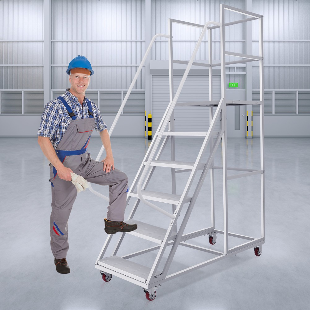 6-Step Rolling Platform Step Ladder Safety Non-Slip Stairs with Brakeable Wheels