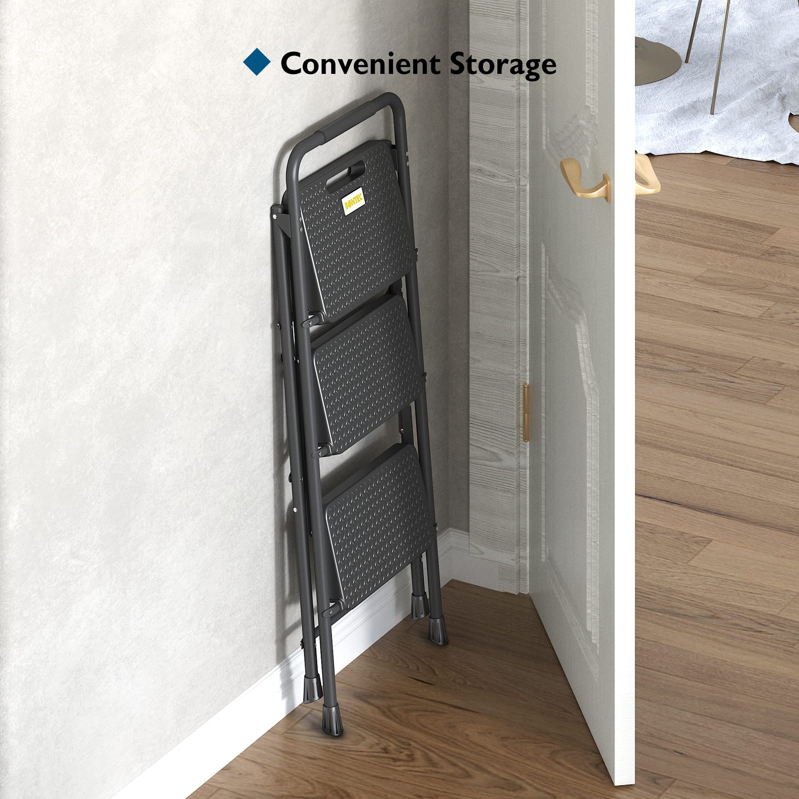 BONTEC 3-Step Ladder, Folding Step Stool, 3-Step, 600lbs Max Load, Black