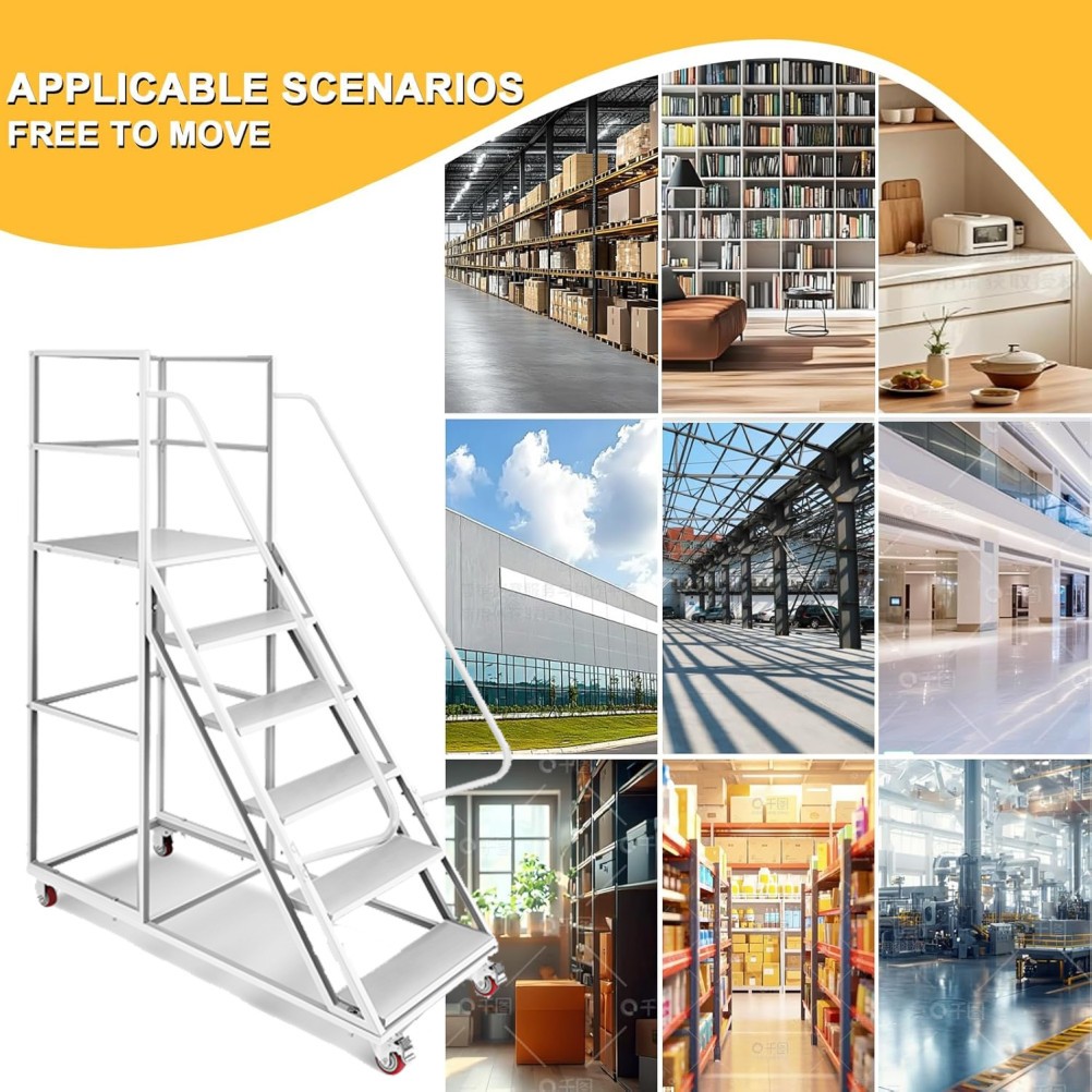6-Step Rolling Warehouse Step Ladder with Lockable Wheels Non-Slip Wide Steps