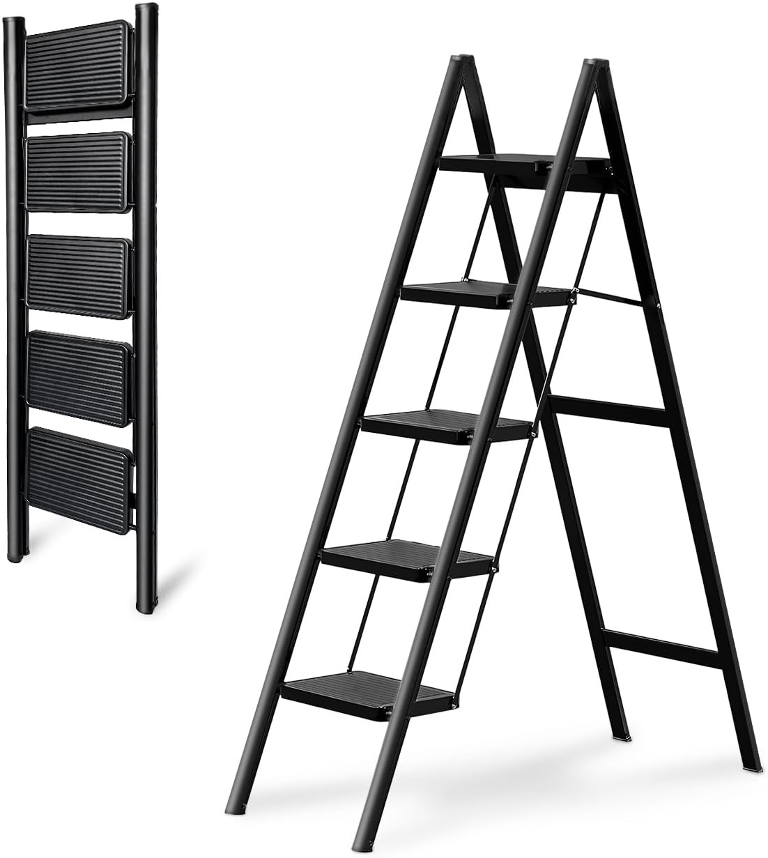 5 Step Folding Heavy Duty Ladder, 330 Lbs Load, 5 Black