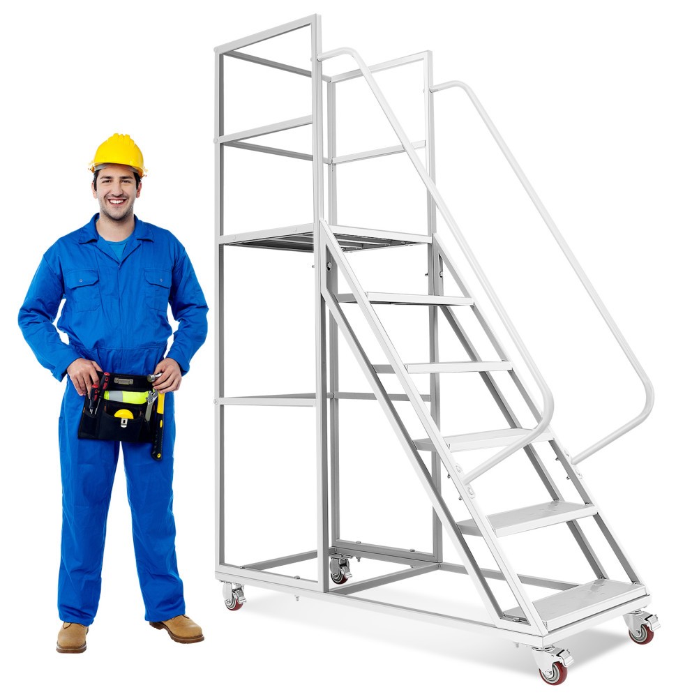 6-Step Rolling Ladder &Dual Handrails 1213LBS Industrial Warehouse Rolling Stair