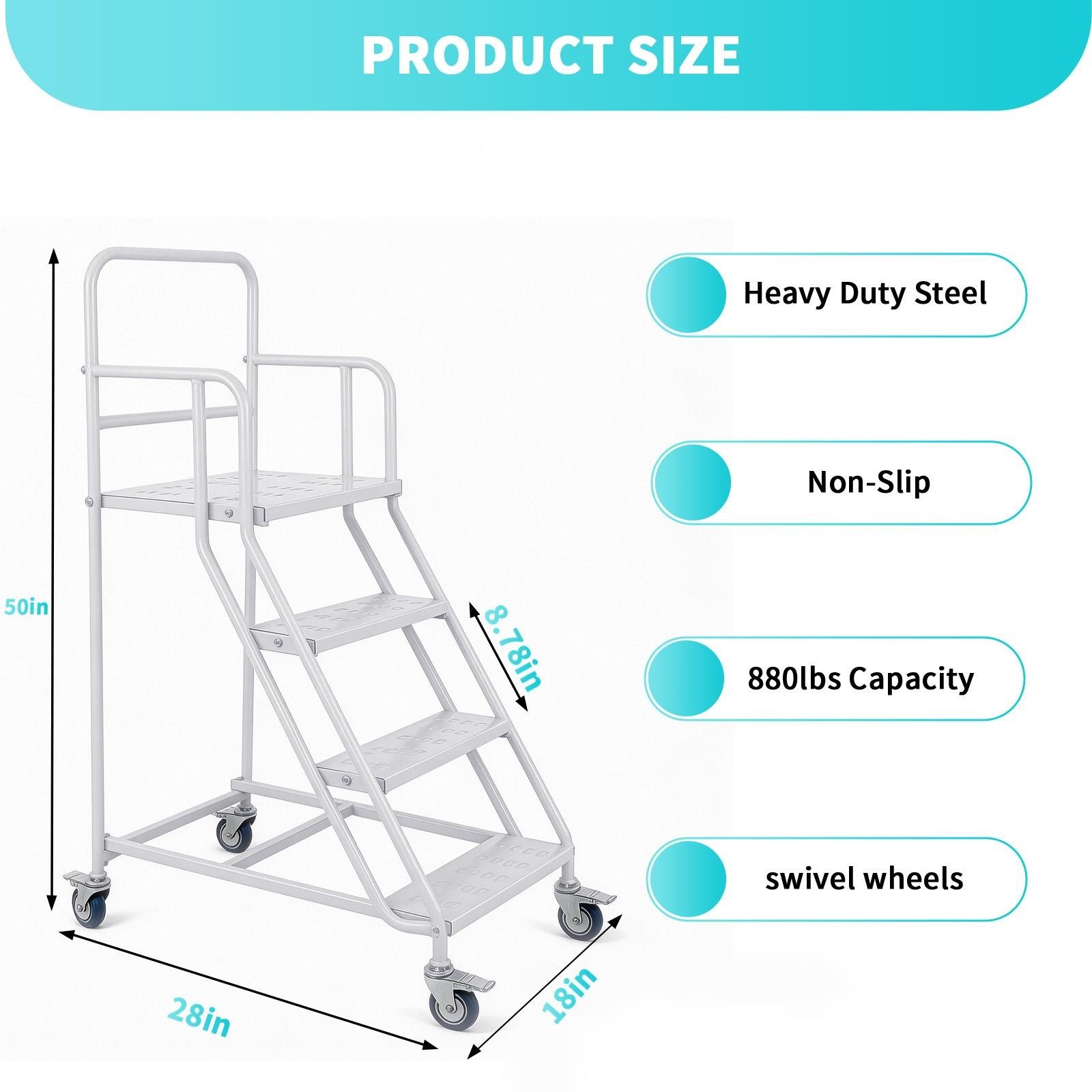 4 Steps Rolling Stair 50″ Industrial Warehouse Ladder Floor Standing Stair 880Lb