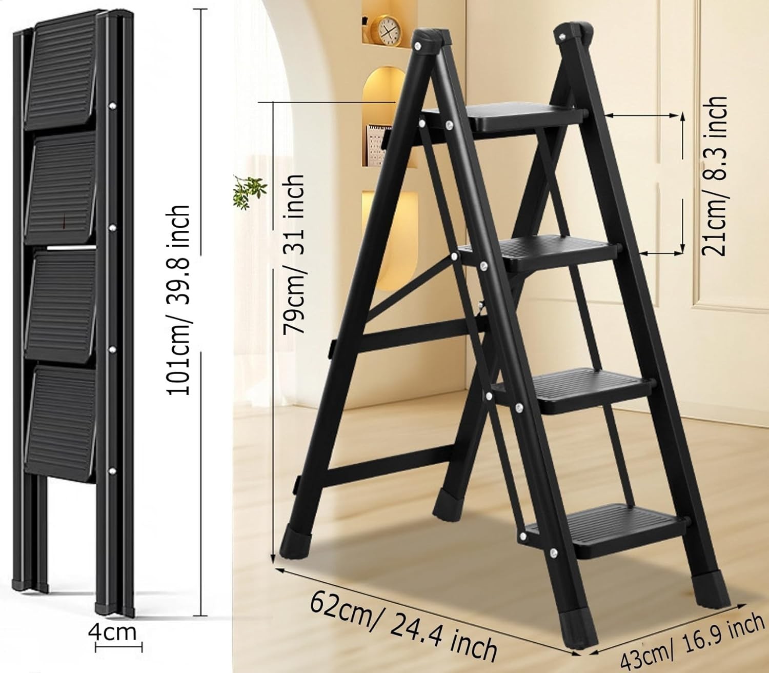 4 Step Folding Portable Ladder with Anti-Slip Wide Pedal 4-Step, Black