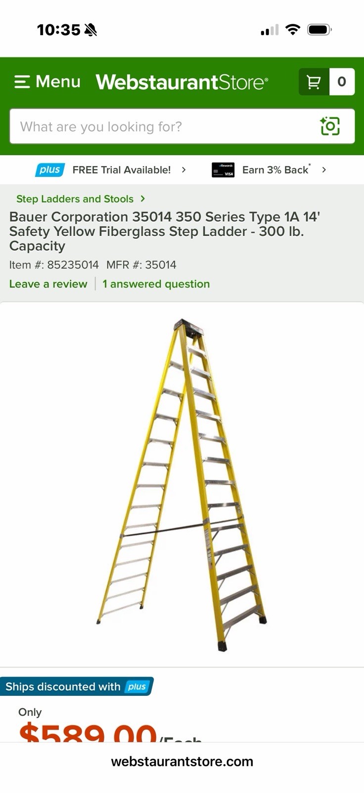Bauer 35014 Type IA 14 ft Fiberglass Step Ladder Safety Yellow 300 lb