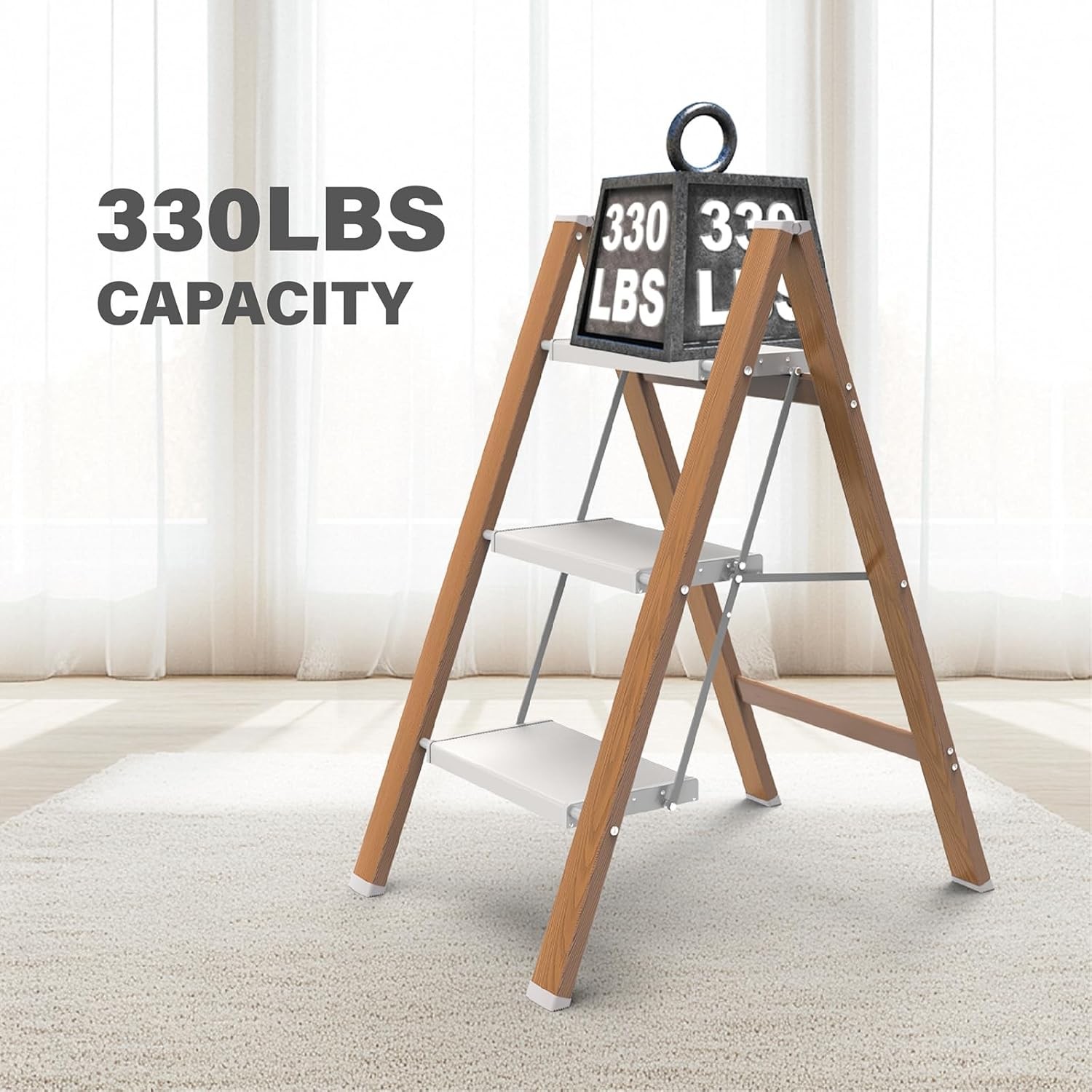 3 Step Ladder, Folding Aluminum Stool with Anti-Slip Woodgrain, White