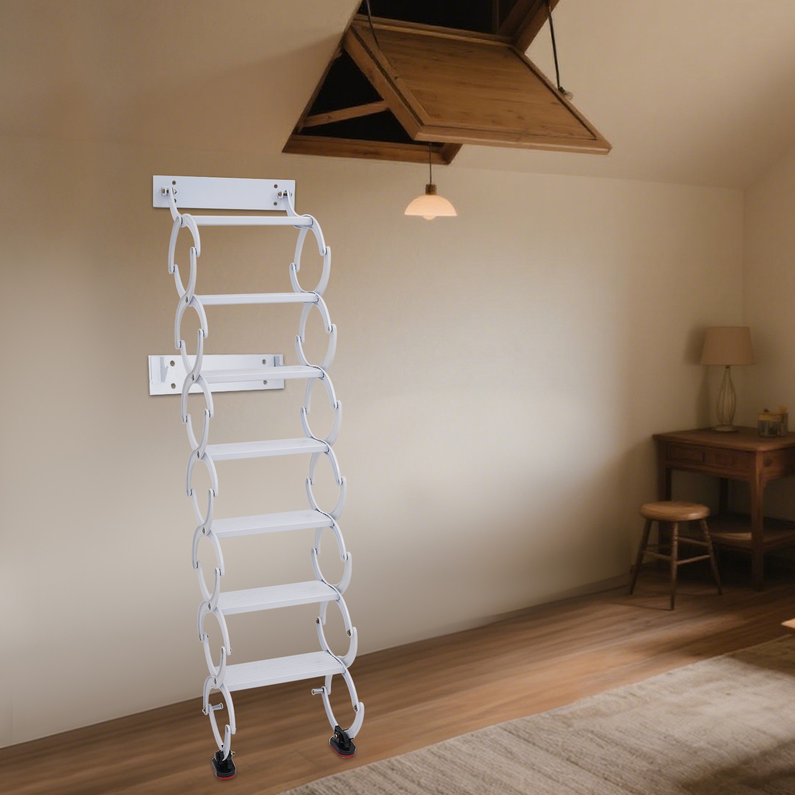 7 Steps Wall Mounted Retractable Ladder Attic Ladder Pull Down Telescoping Step