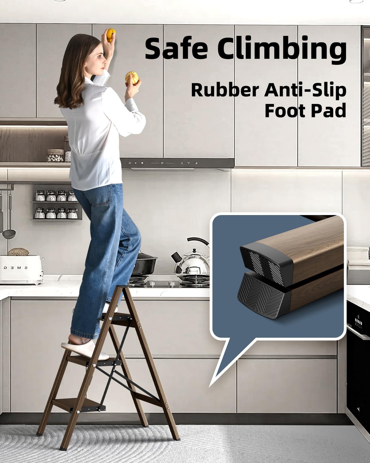 HillhutApex 3 Step Stool, Aluminum Foldable Ladder, 3 Step, Walnut