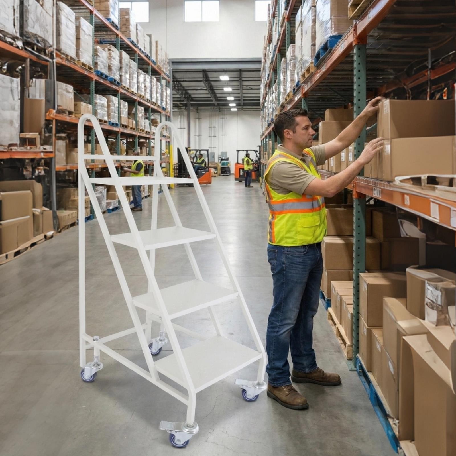 4 Step Rolling Ladder with 4 Lockable Wheels & Handrails for Warehouse Library