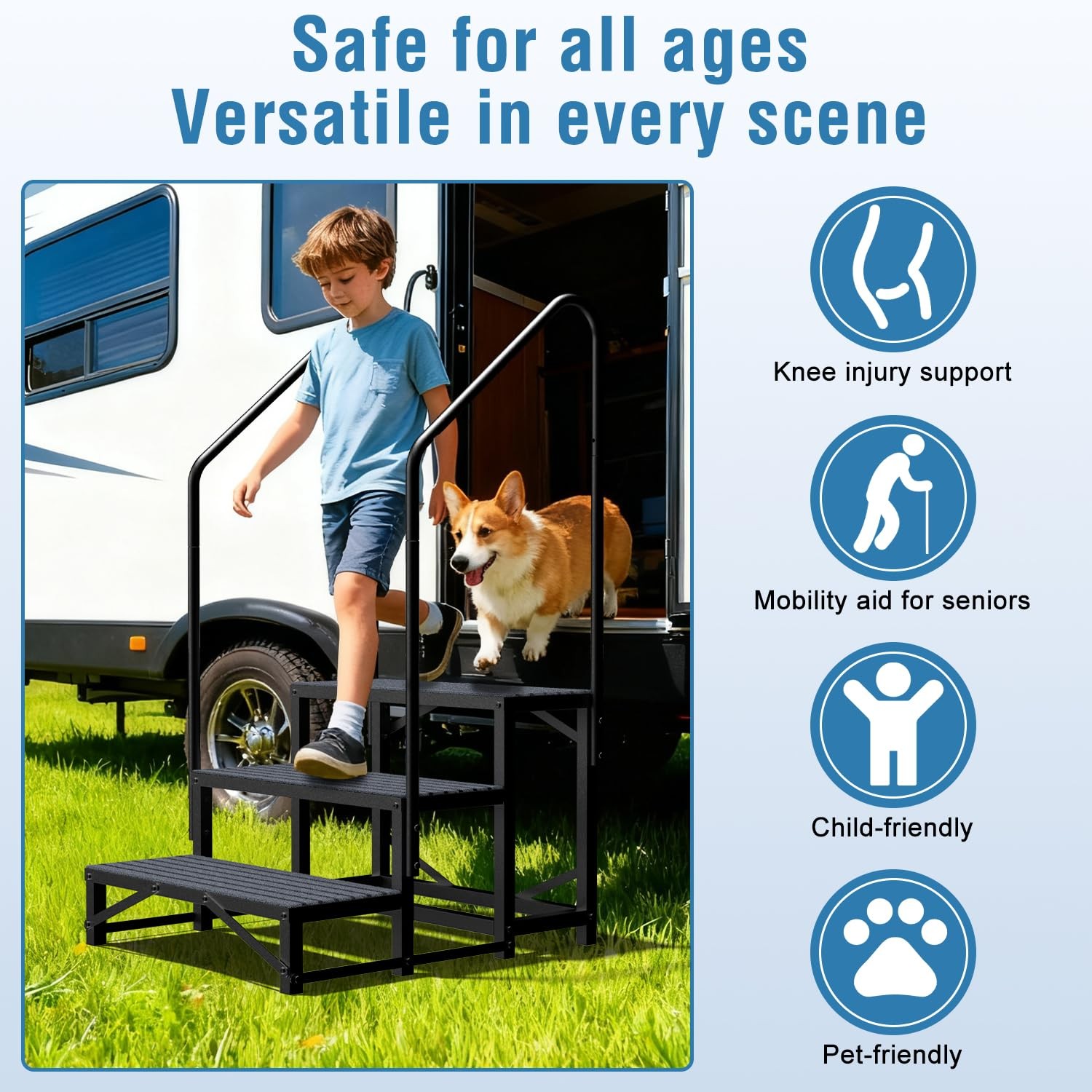 RV Steps with Handrail 3 Steps for Camper Trailer Mobile Home 660lbs Capacity