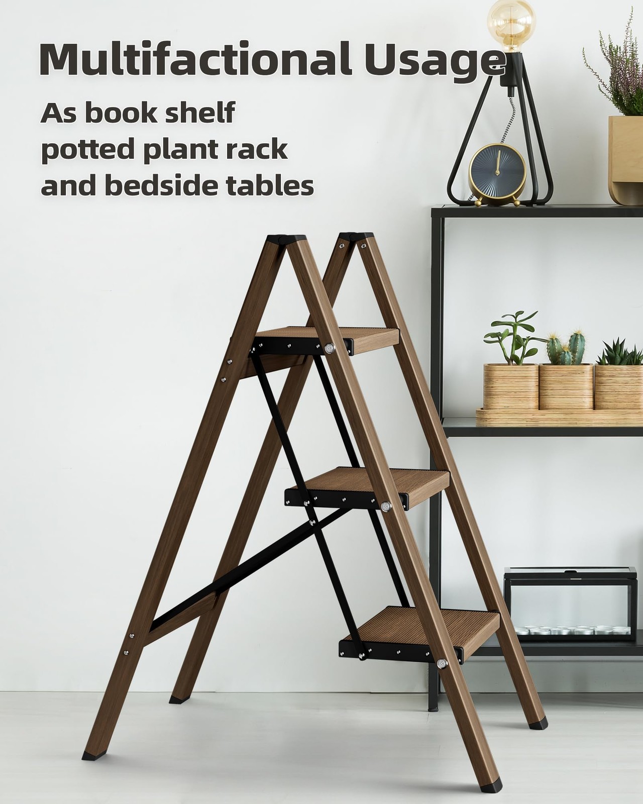 HillhutApex 3 Step Stool, Aluminum Foldable Ladder, 3 Step, Walnut