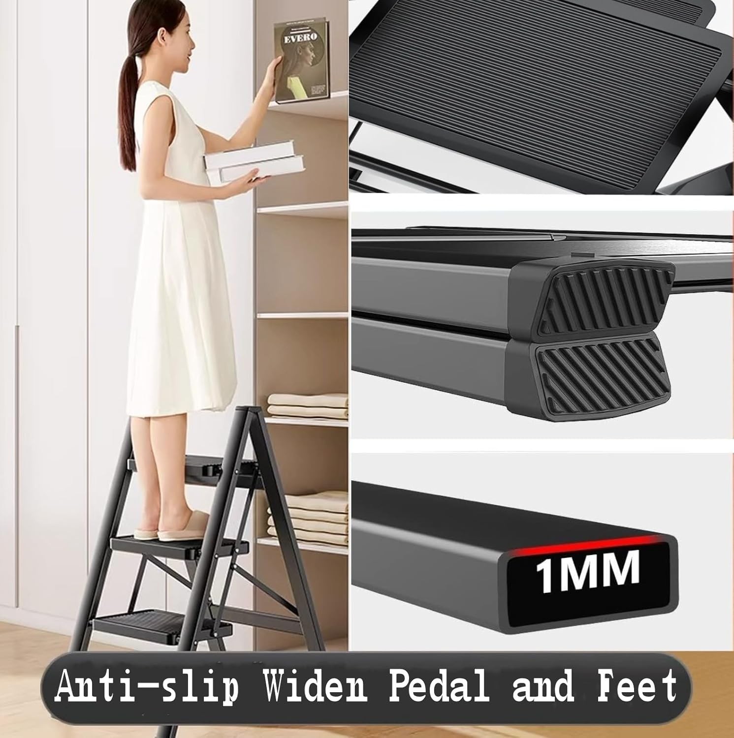 4 Step Folding Portable Ladder with Anti-Slip Wide Pedal 4-Step, Black