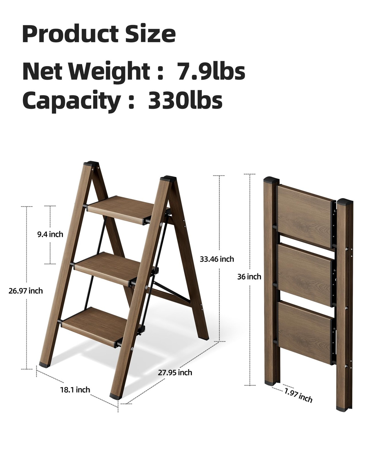HillhutApex 3 Step Stool, Aluminum Foldable Ladder, 3 Step, Walnut
