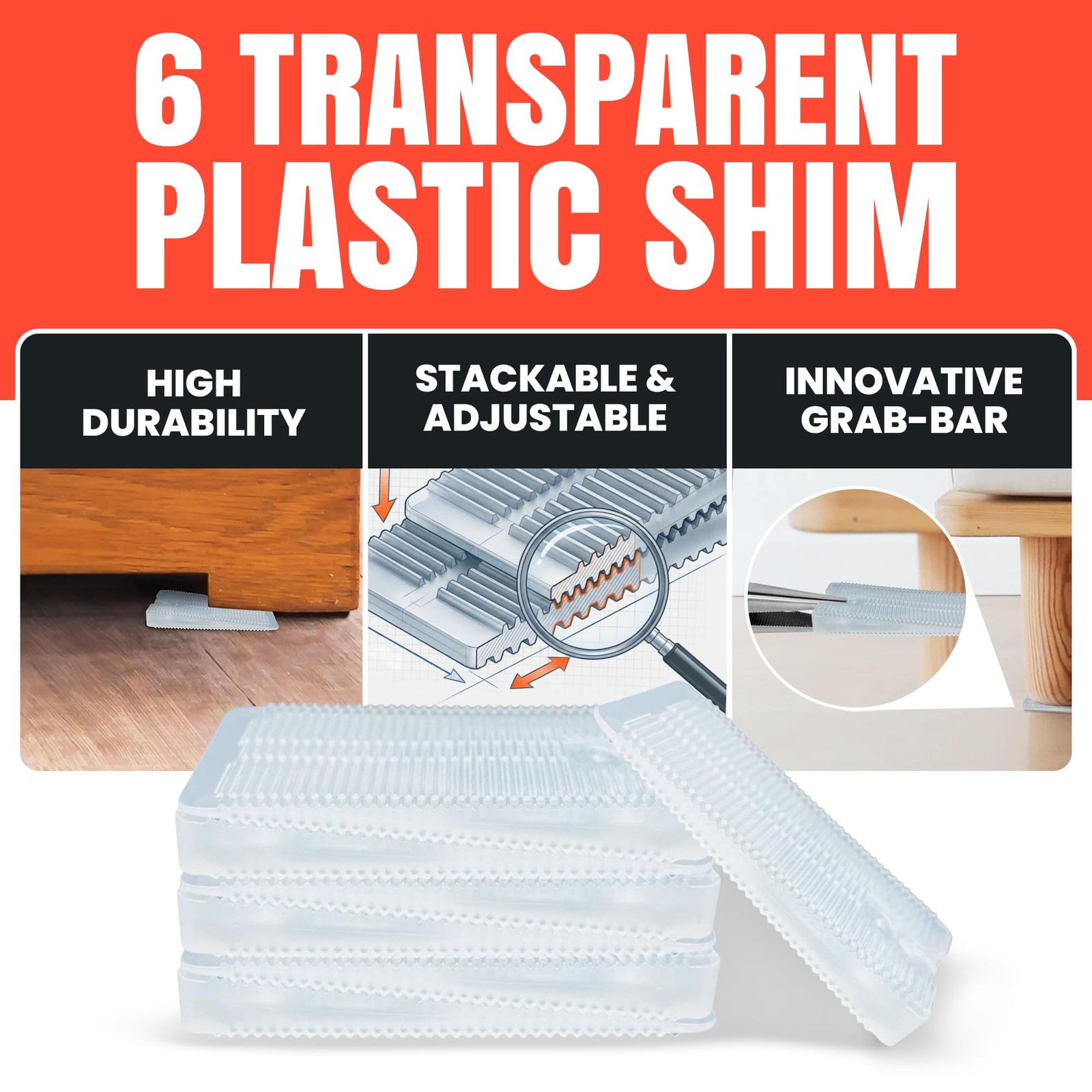 Wobble Wedges Flexible Plastic Shims Multi-Purpose Leveling 6, Clear
