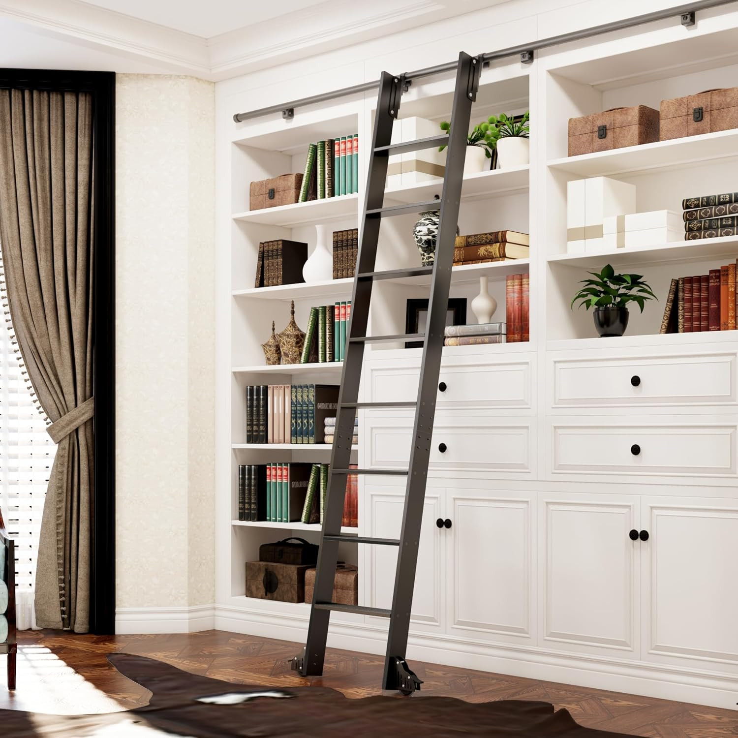 96″ Rolling Library Ladder with 4FT Rail, 300 Lbs Capacity, Space-Saving Design