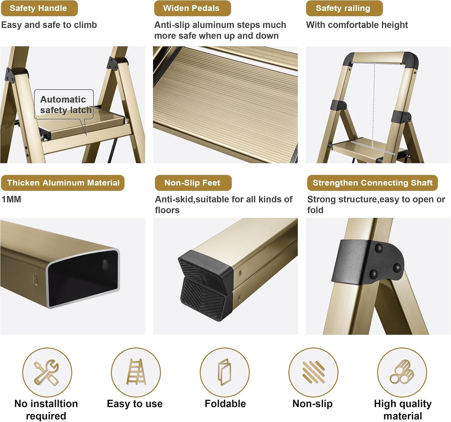 2-Step Champagne Gold Aluminum Folding Step Ladder