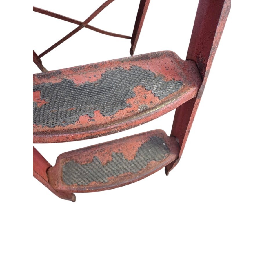 Vintage Red Metal 3 Step Folding Stool Industrial Ladder Rustic Decor