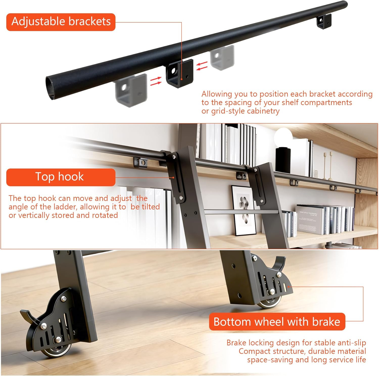 96″ Rolling Library Ladder with 4FT Rail, 300 Lbs Capacity, Space-Saving Design