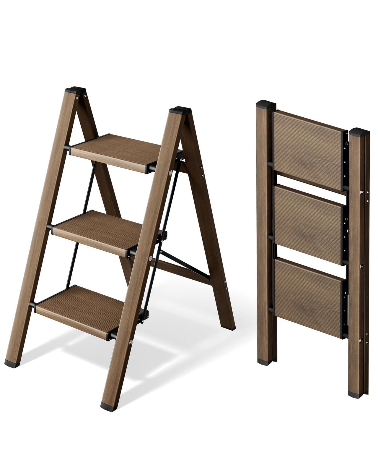 HillhutApex 3 Step Stool, Aluminum Foldable Ladder, 3 Step, Walnut