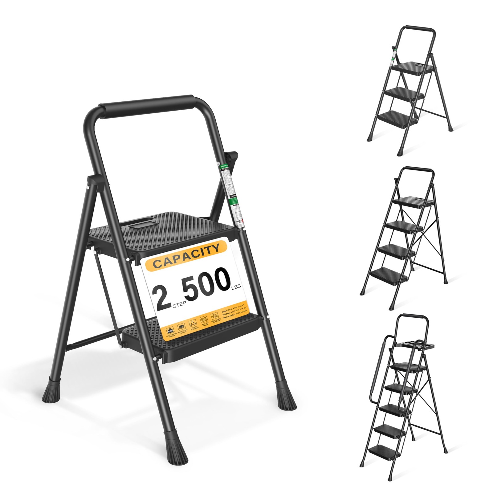 Step Ladder, Folding Stool with Wide Anti-Slip Pedals, 2-step, Black