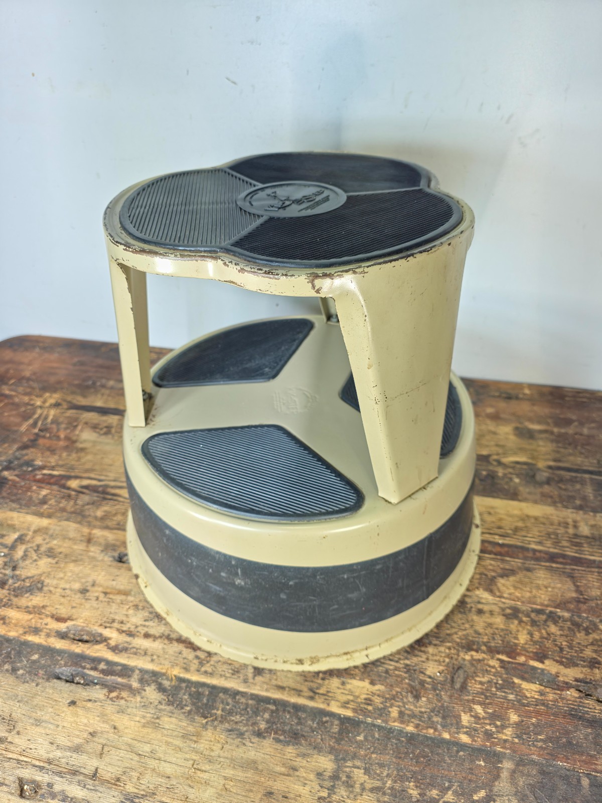 Vintage Rusty Cramer KIK-STEP Industrial Rolling Step Stool Cream Yellow