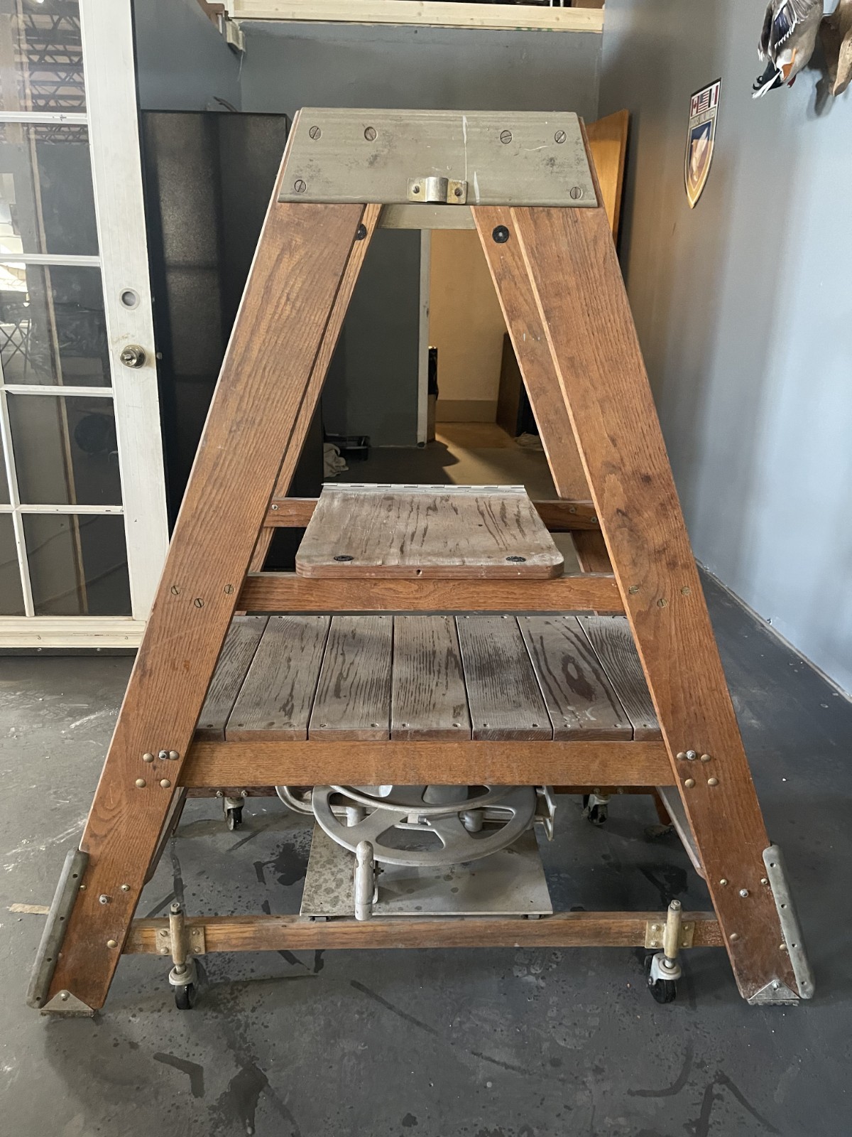 Vintage Putnam Rolling Library Ladder with GMP Wire Reel Assembly