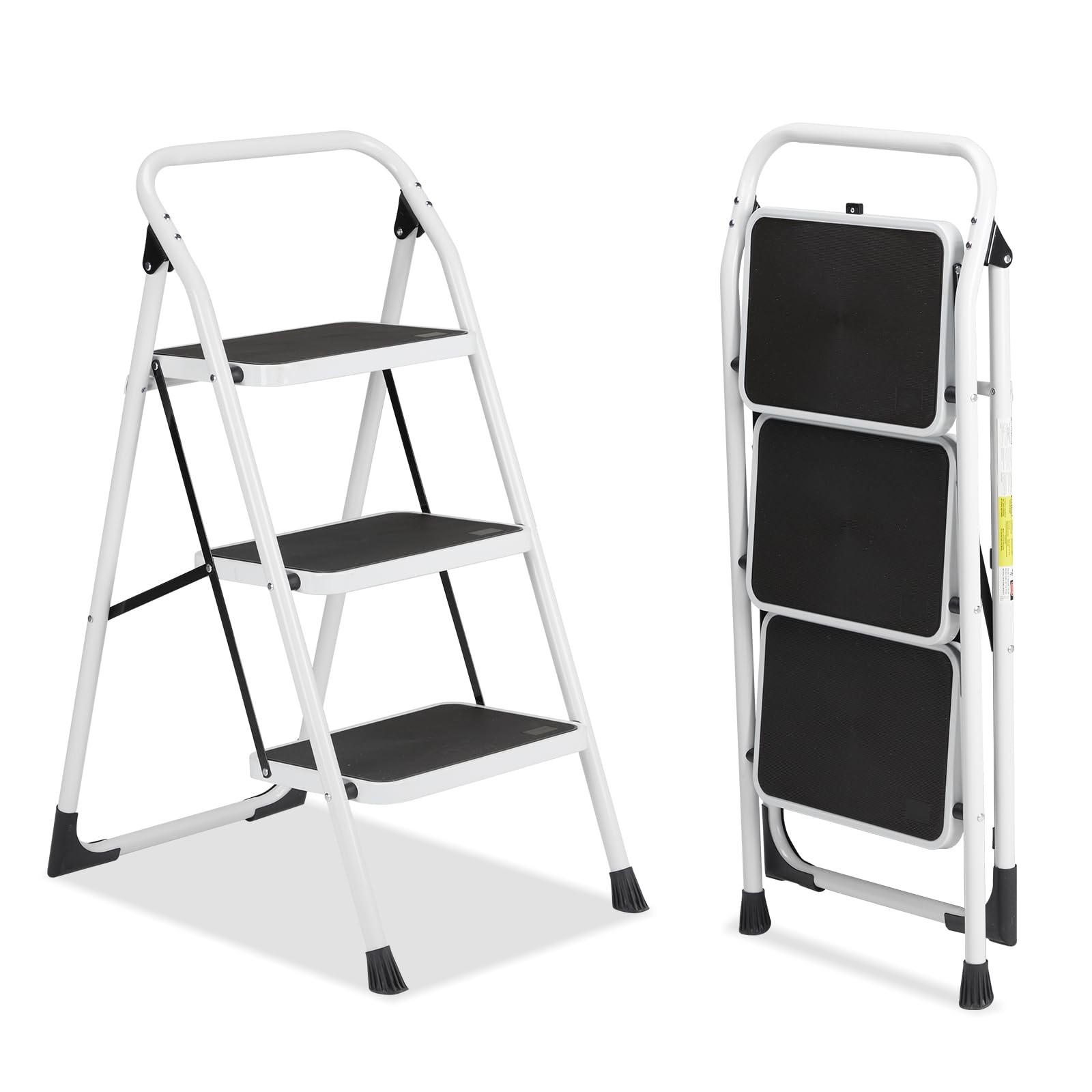 Winado 3 Step Ladder, Folding Stool with Wide Anti-Slip Black & White