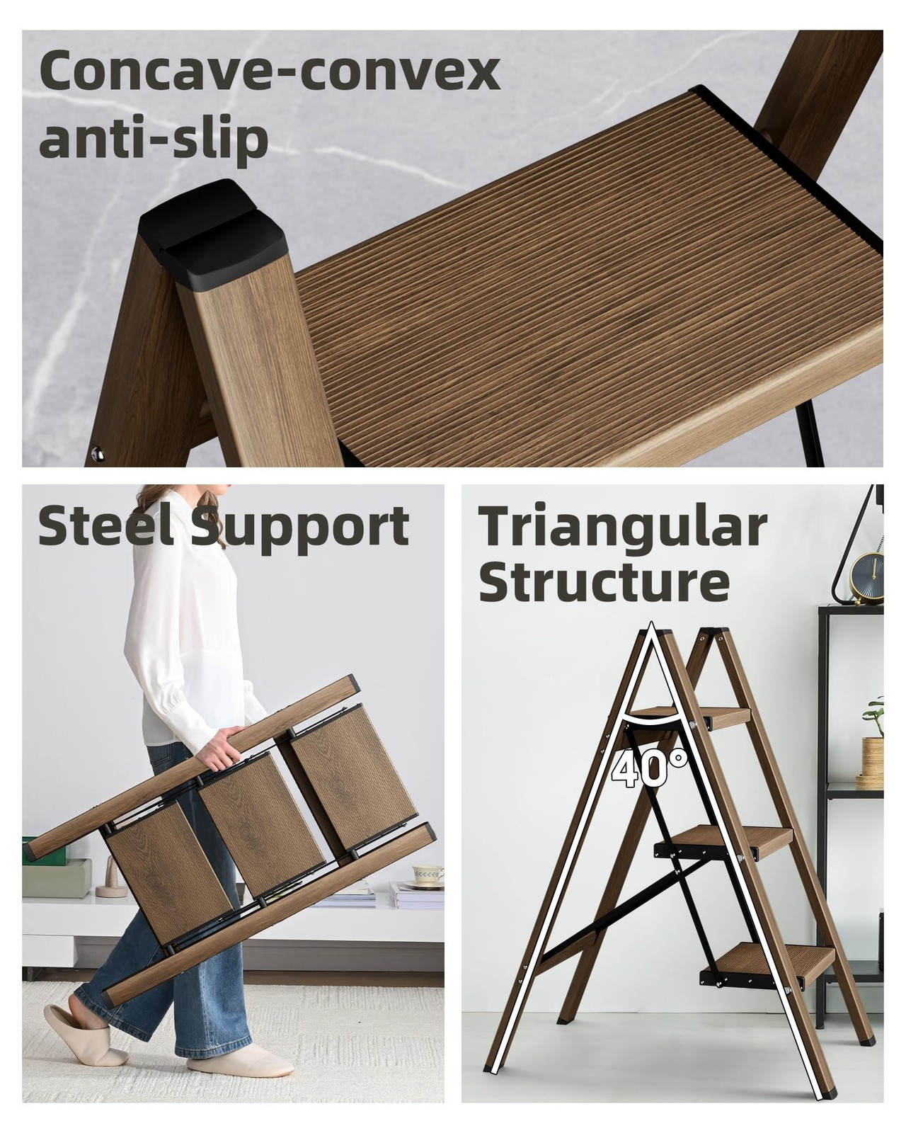 HillhutApex 3 Step Stool, Aluminum Foldable Ladder, 3 Step, Walnut