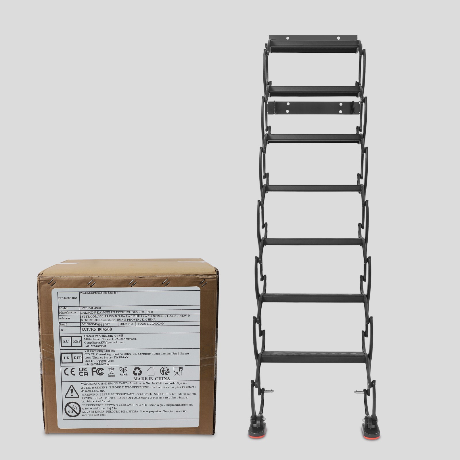 7-Steps Wall Mounted Folding Ladder, Telescoping Step Ladders for villas/attics
