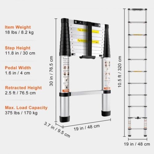 Telescoping Ladder 10.5 FT Aluminum Onebutton Retraction Collapsible