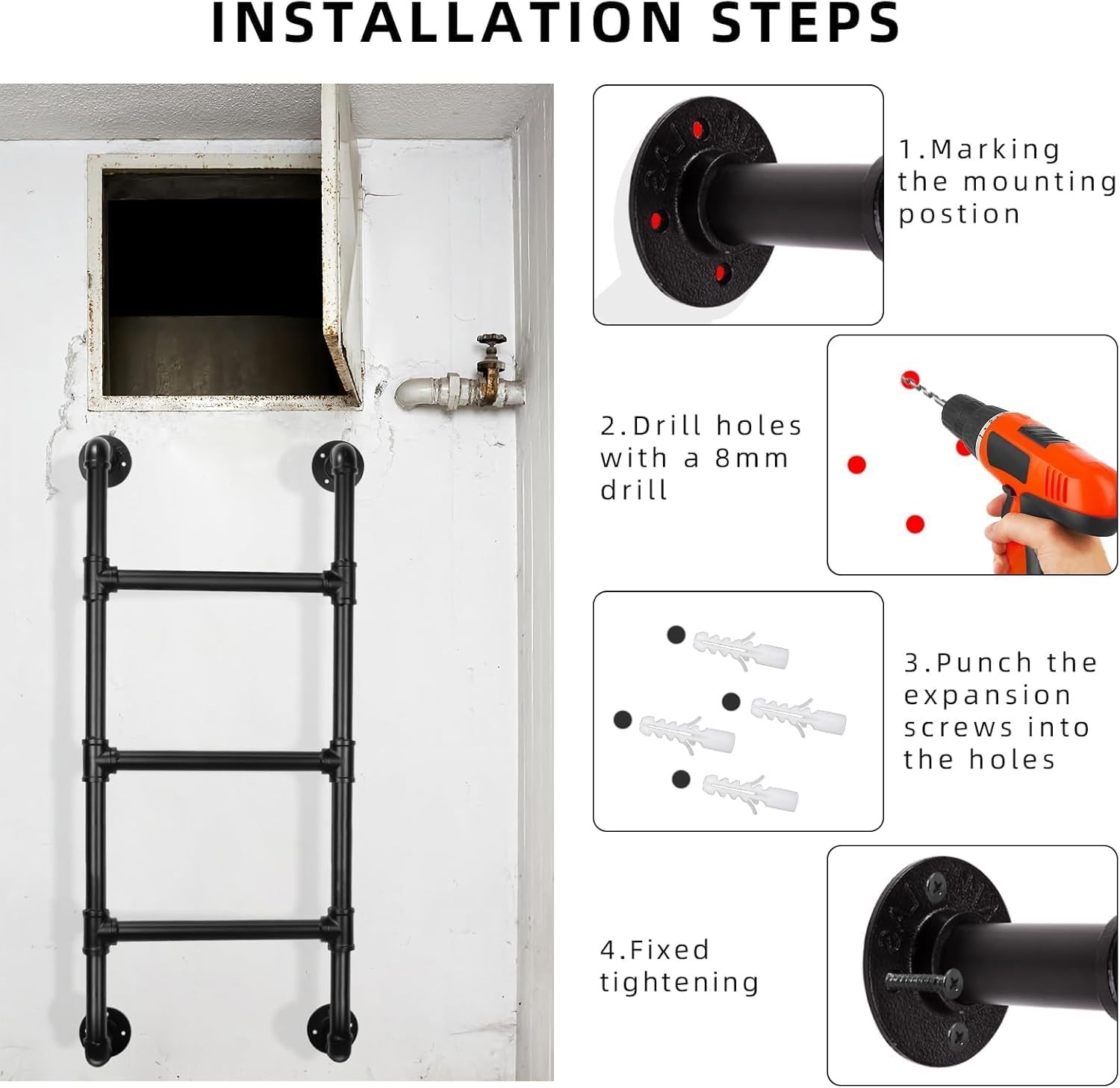 3-Rung Bunk Bed Ladder, 3.3×1.5FT Wall Mount Basement 3.3FT/100cm, Black