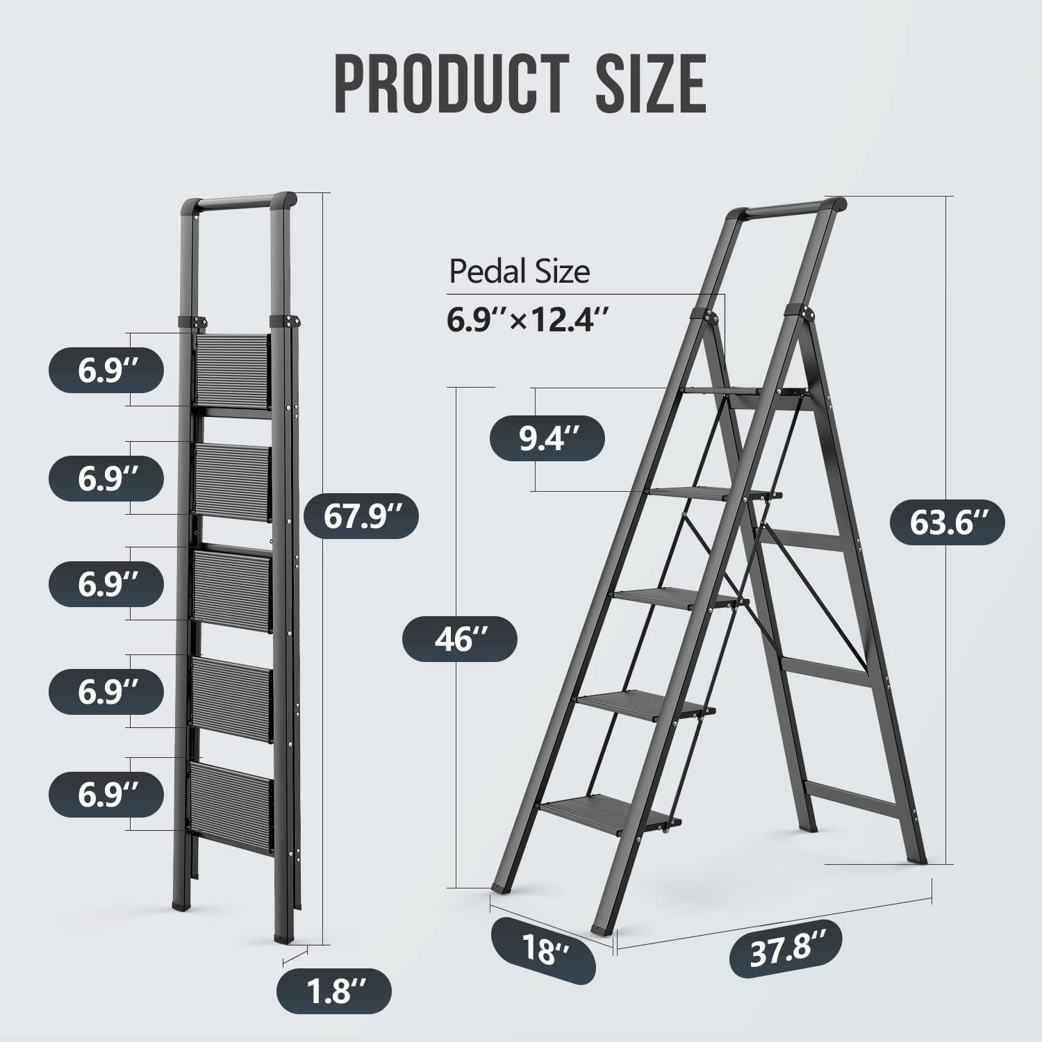 WOA 5 Step Ladder, Ladders for Home, Anti-Slip Pedals, 5 Step, Black