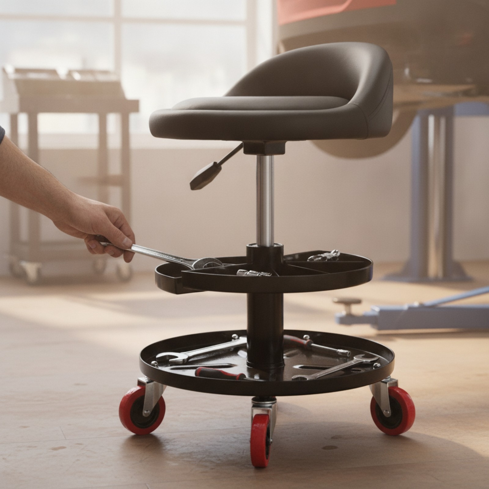 Garage Stool with Backrest Padded Creeper Seat with Tool Tray Cushioned