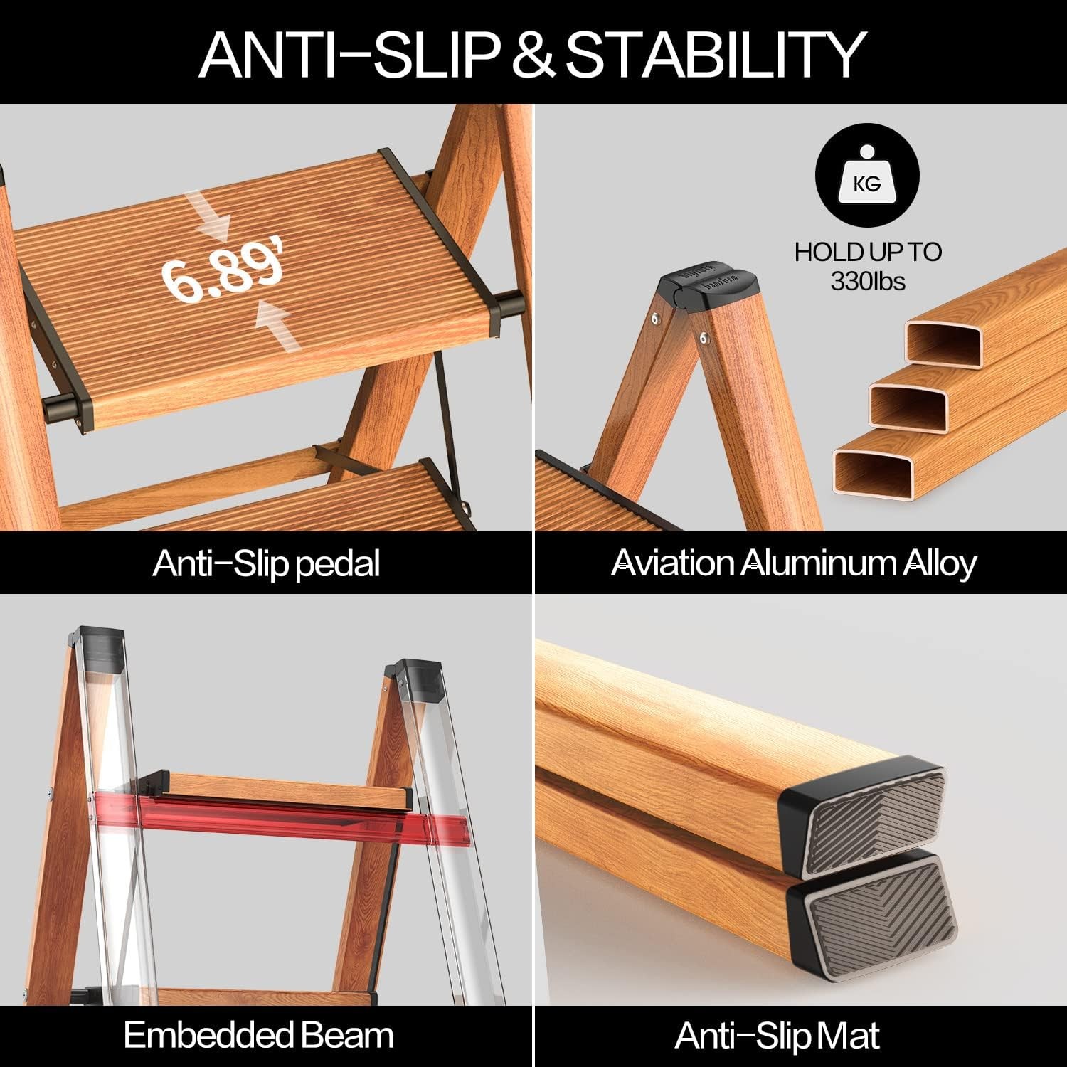 Aluminum 4 Step Folding Ladder Woodgrain 330 lb Capacity