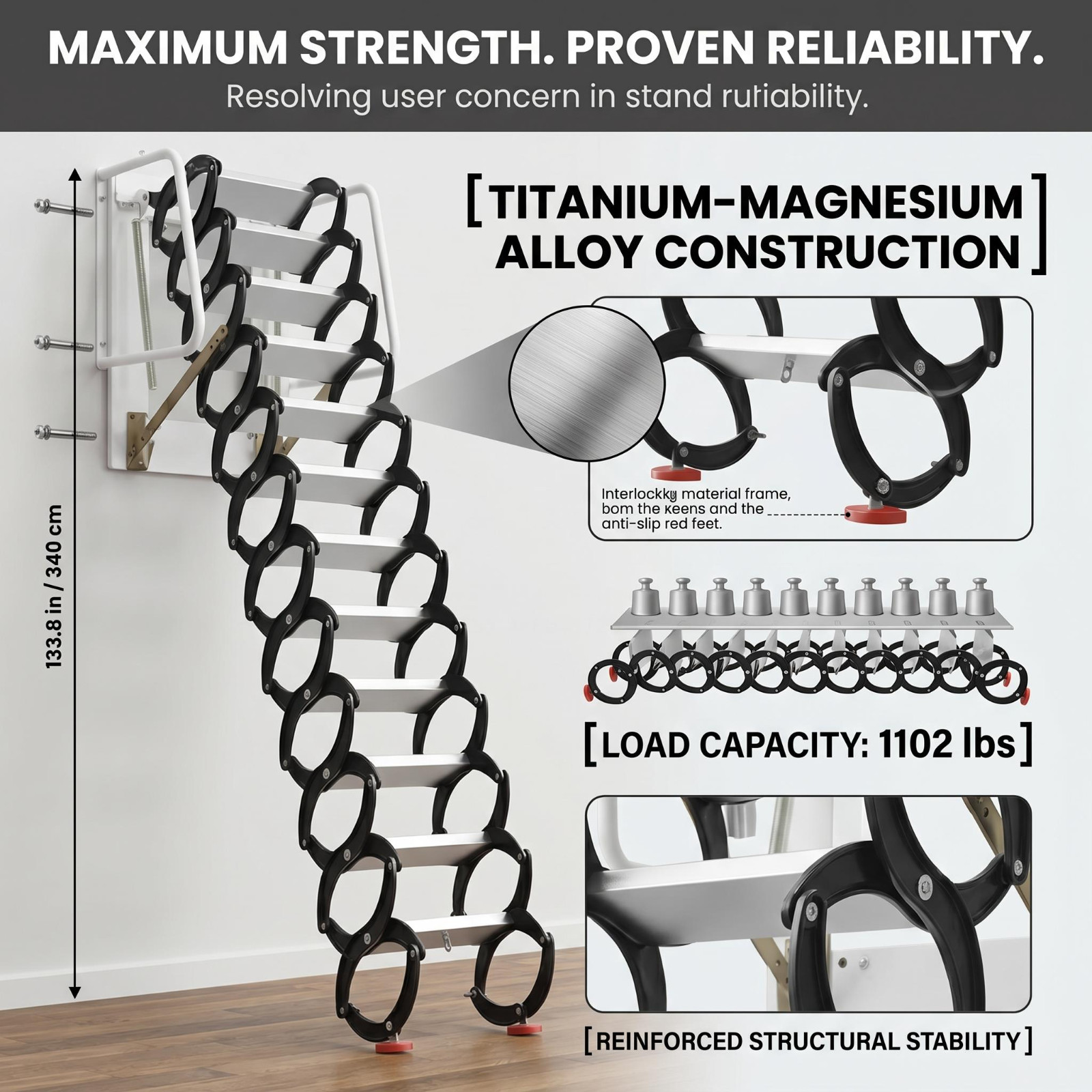 1102LBS Wall Mounted Attic Ladder Wall Mounted Expansion Folding 3M Practical