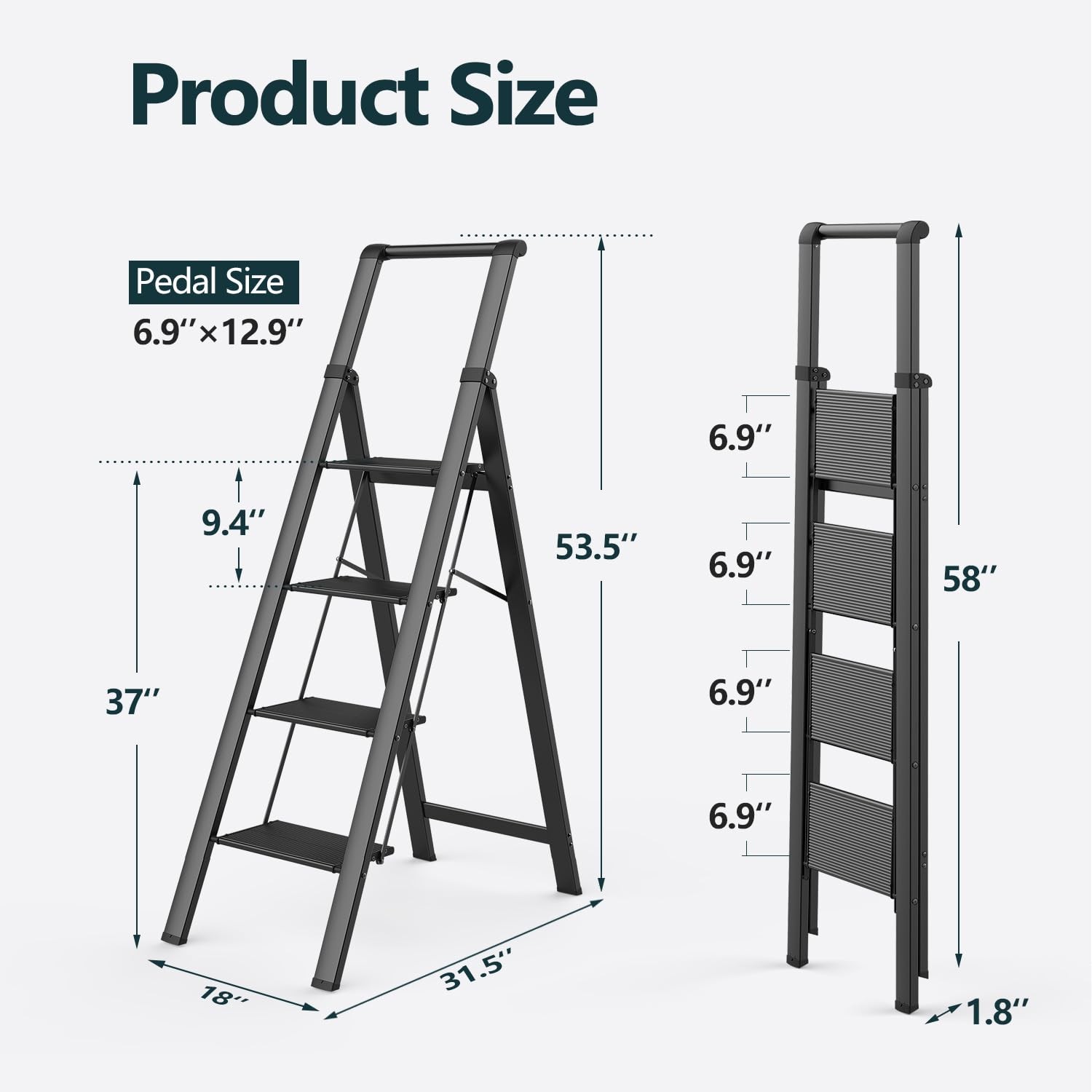WOA 4 Step Ladder, Ladders for Home, Anti-Slip Aluminum 4 Step, Black